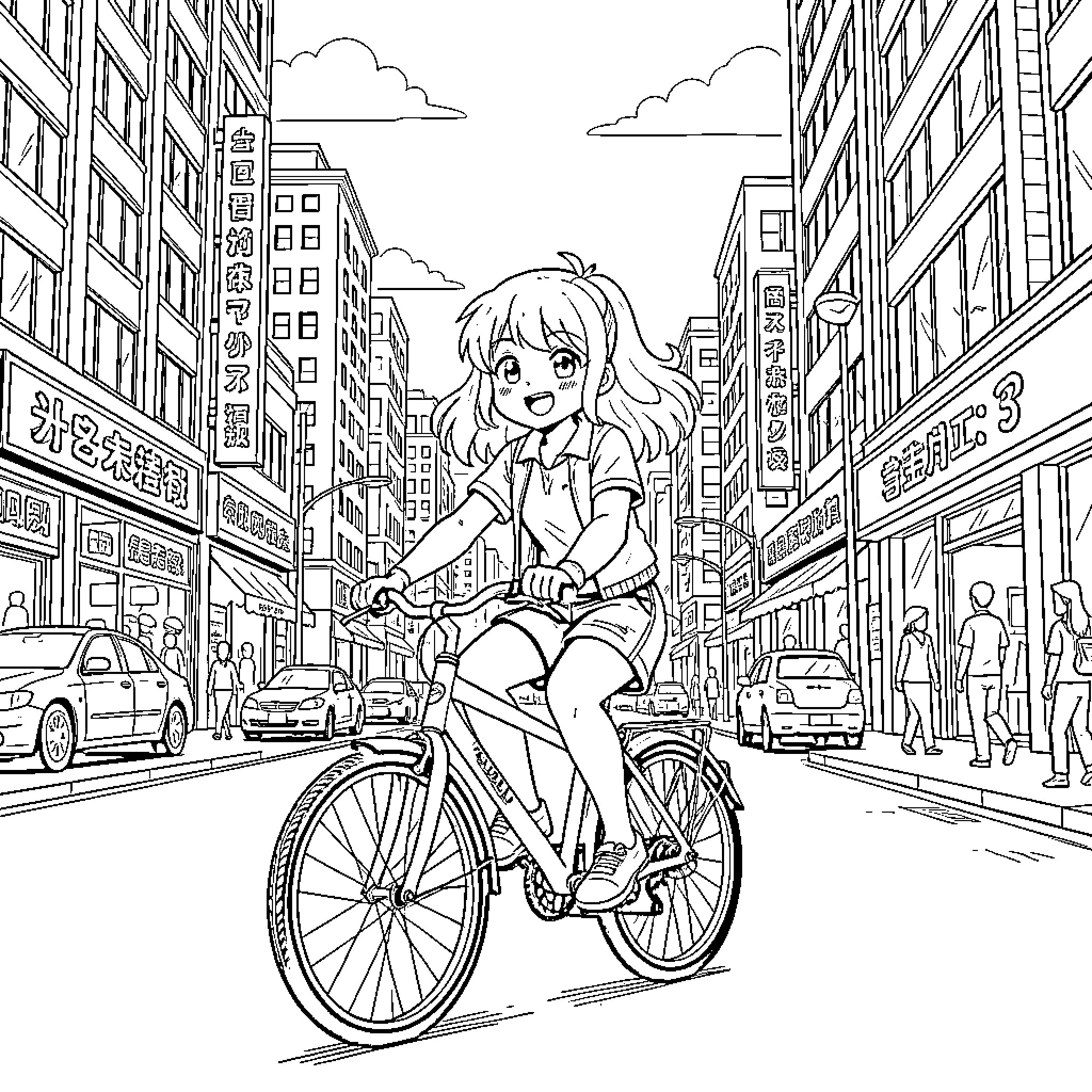 Anime Girl Riding Bicycle in City Streets Coloring Page (free black-and-white line drawing printable PDF for all, from beginners to advanced learners, including children, teens, adults, and seniors)