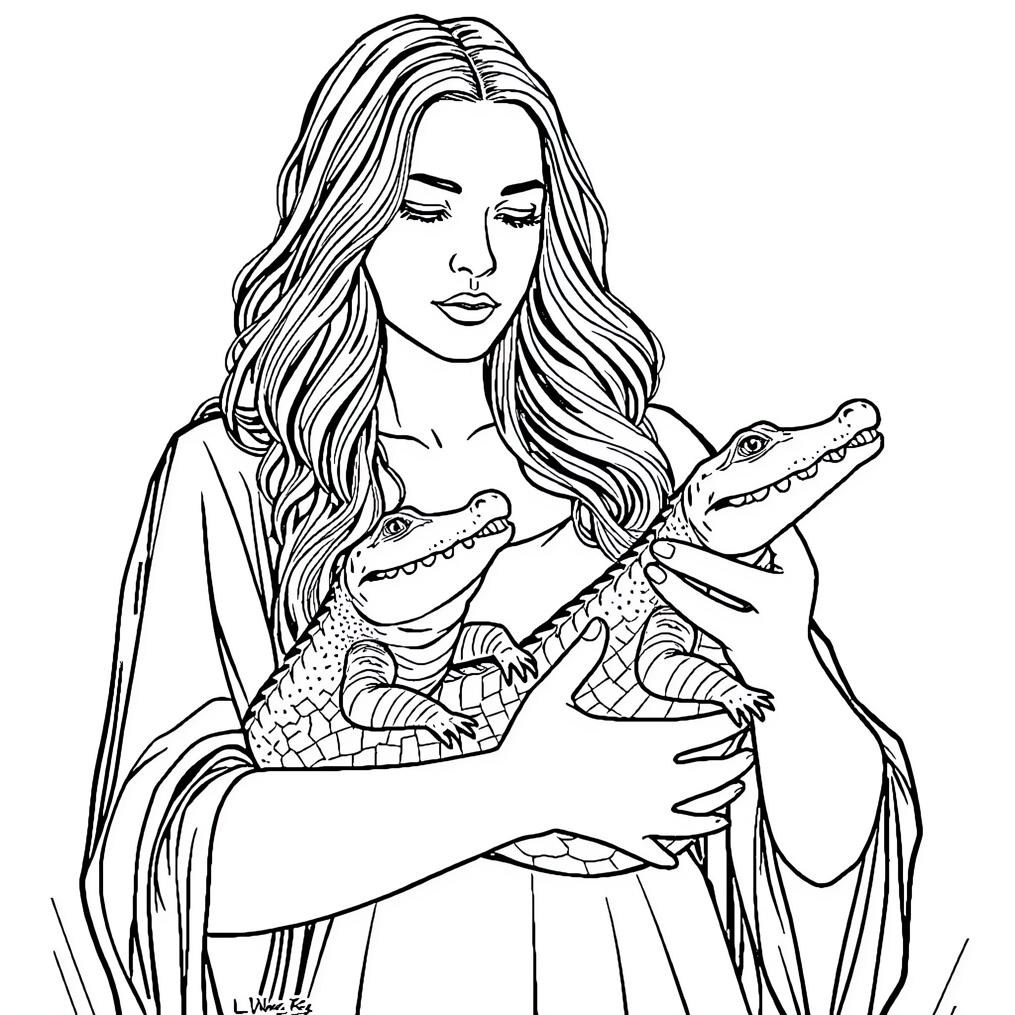 Alligator Companions: A Woman and Her Reptilian Friends Coloring Page (free black-and-white line drawing printable PDF for all, from beginners to advanced learners, including children, teens, adults, and seniors)