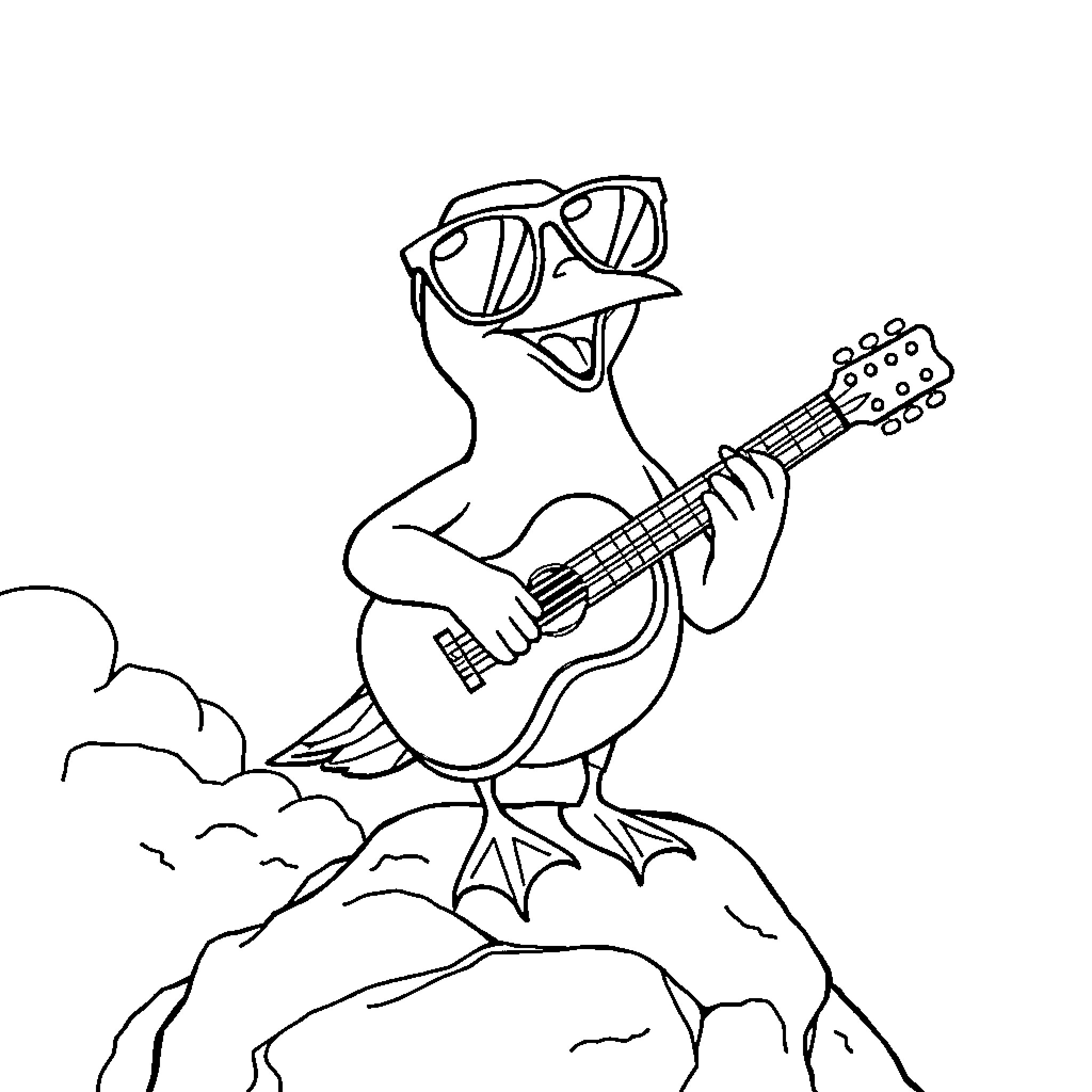 Seagull playing guitar on rocky cliffs Coloring Page (free black-and-white line drawing printable PDF for all, from beginners to advanced learners, including children, teens, adults, and seniors)