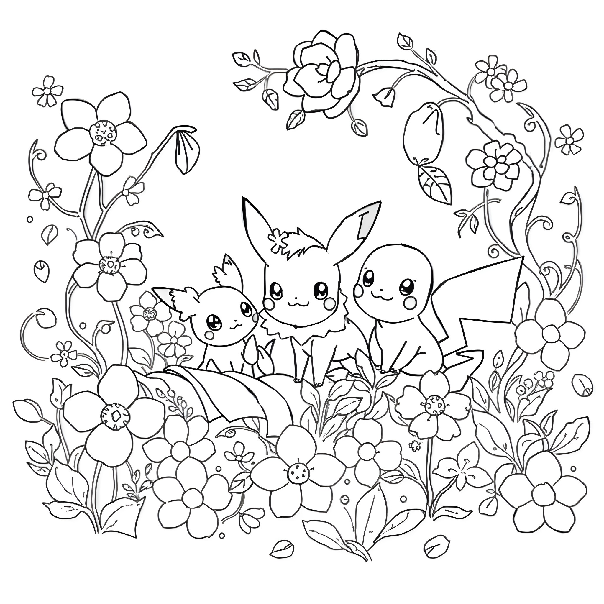Pokémon characters frolicking in a floral garden Coloring Page (free black-and-white line drawing printable PDF for all, from beginners to advanced learners, including children, teens, adults, and seniors)