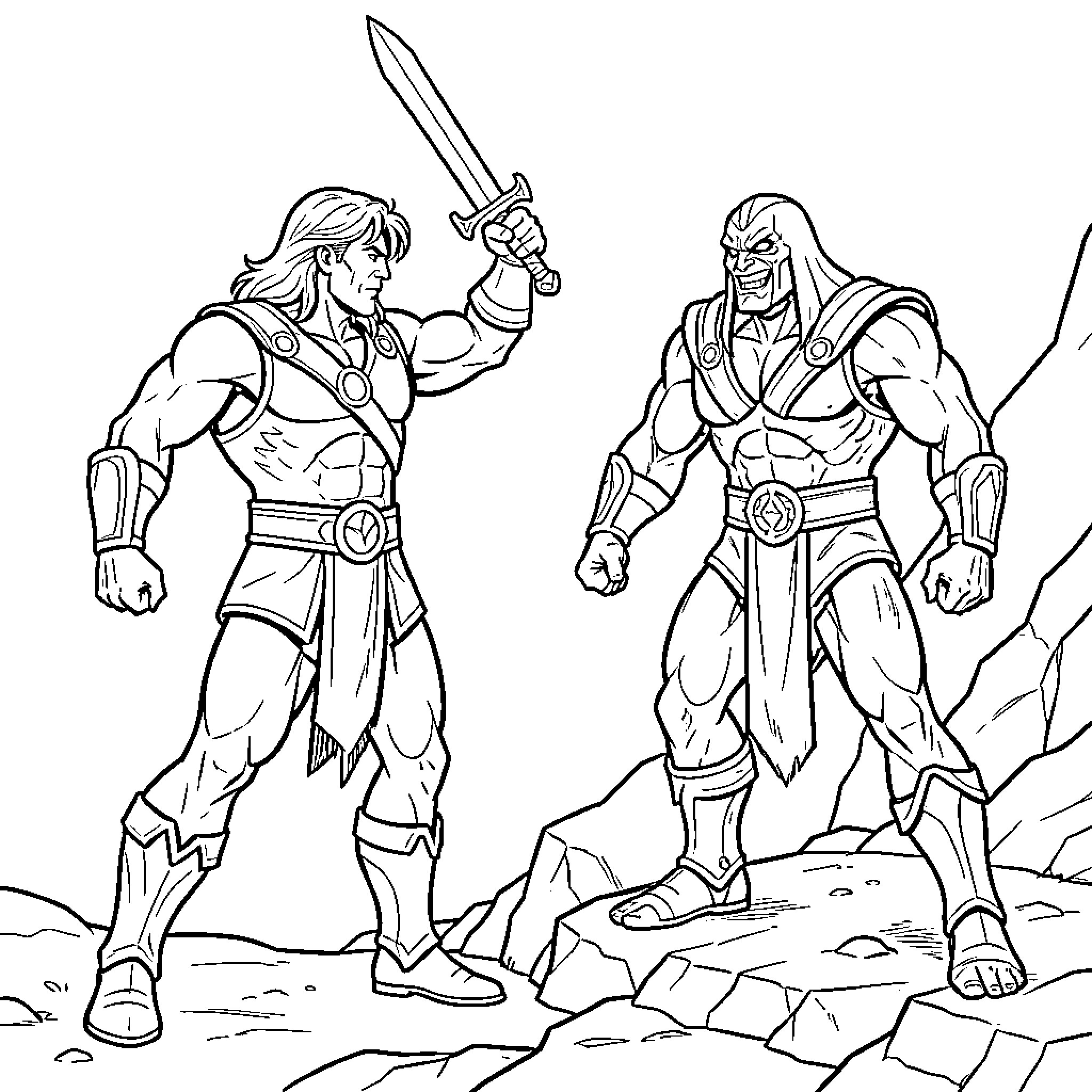 He-Man wielding a sword against a powerful villain Coloring Page (free black-and-white line drawing printable PDF for all, from beginners to advanced learners, including children, teens, adults, and seniors)