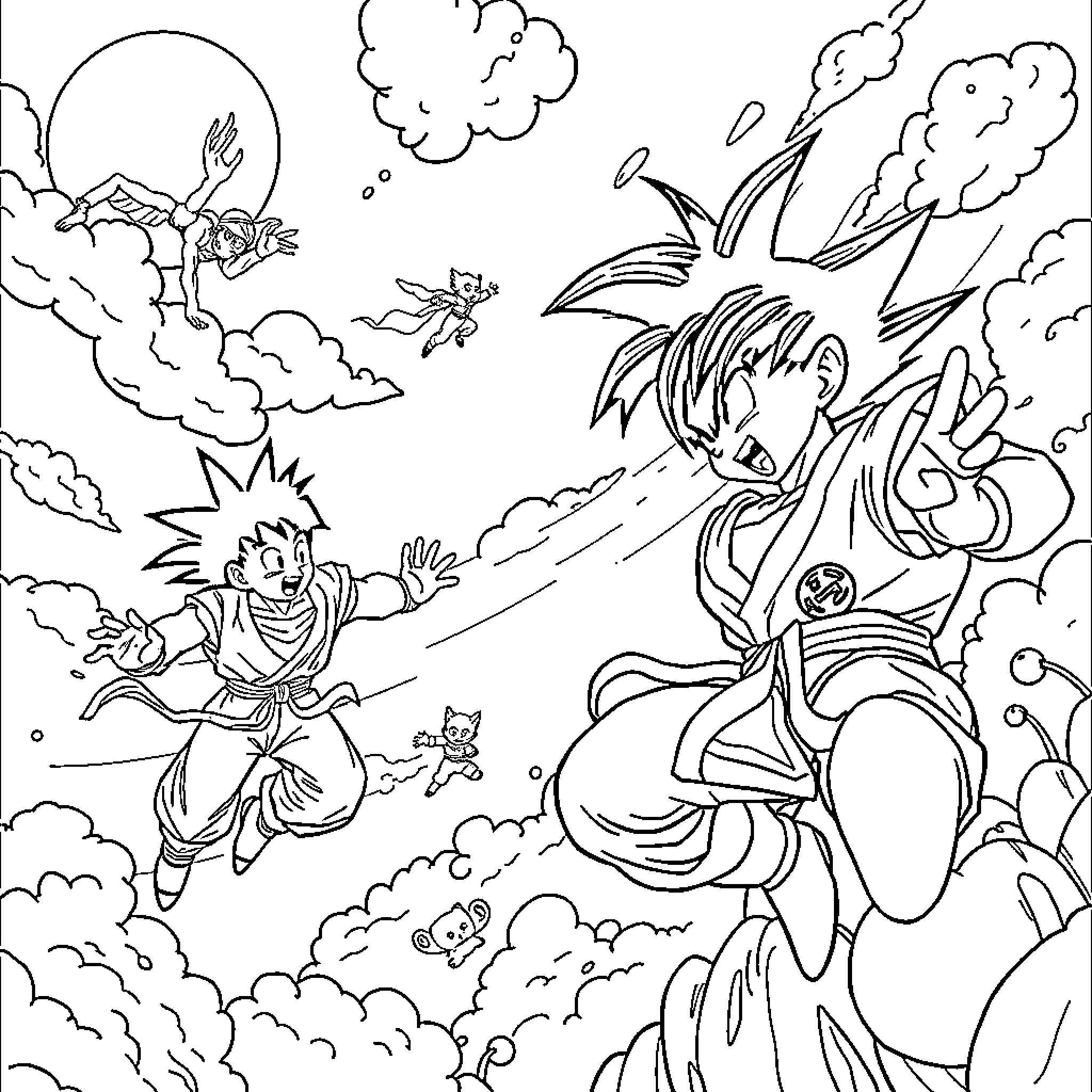Dragon Ball characters battling in the clouds Coloring Page (free black-and-white line drawing printable PDF for all, from beginners to advanced learners, including children, teens, adults, and seniors)