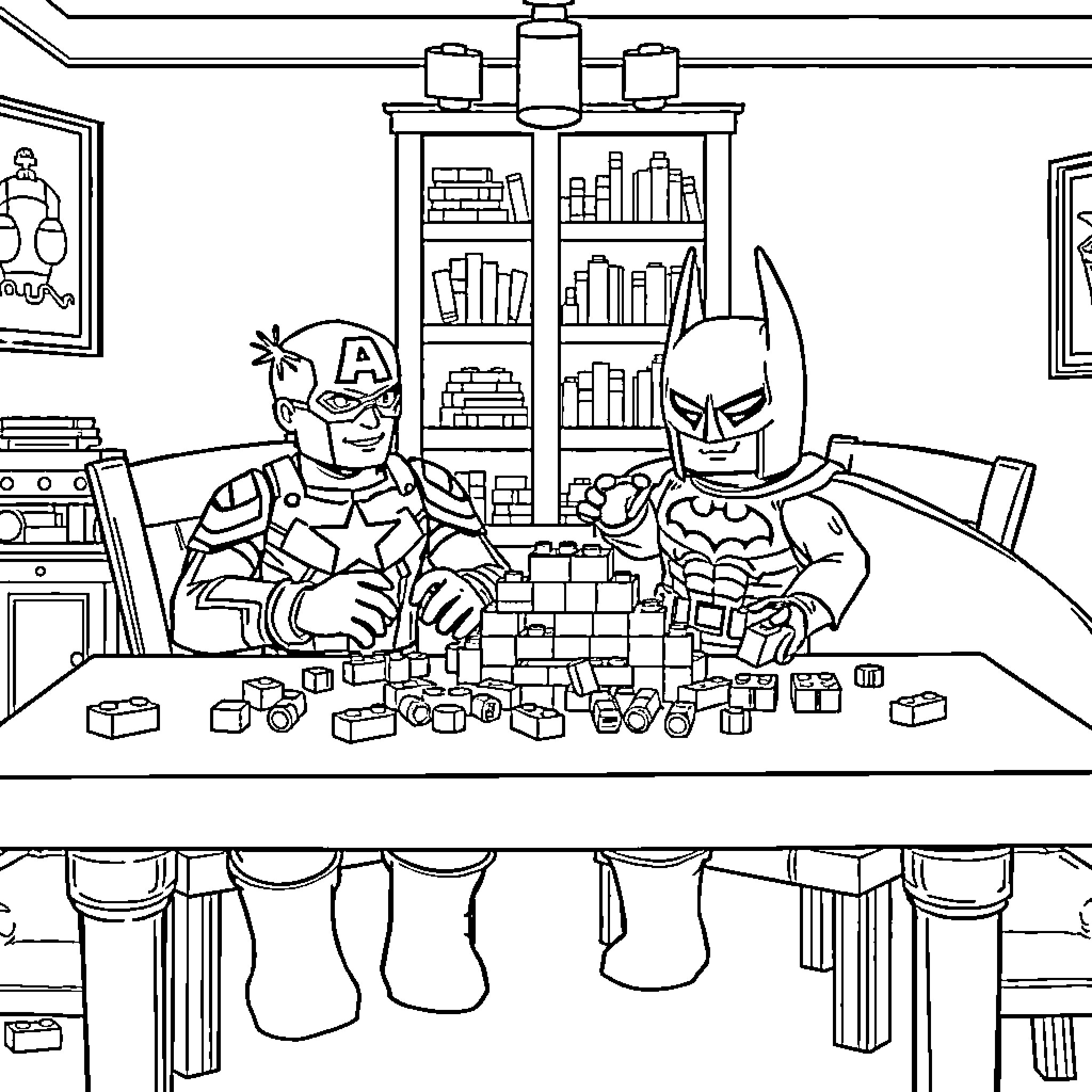 Captain America and Batman Enjoying a Playful Toy Session Coloring Page (free black-and-white line drawing printable PDF for all, from beginners to advanced learners, including children, teens, adults, and seniors)