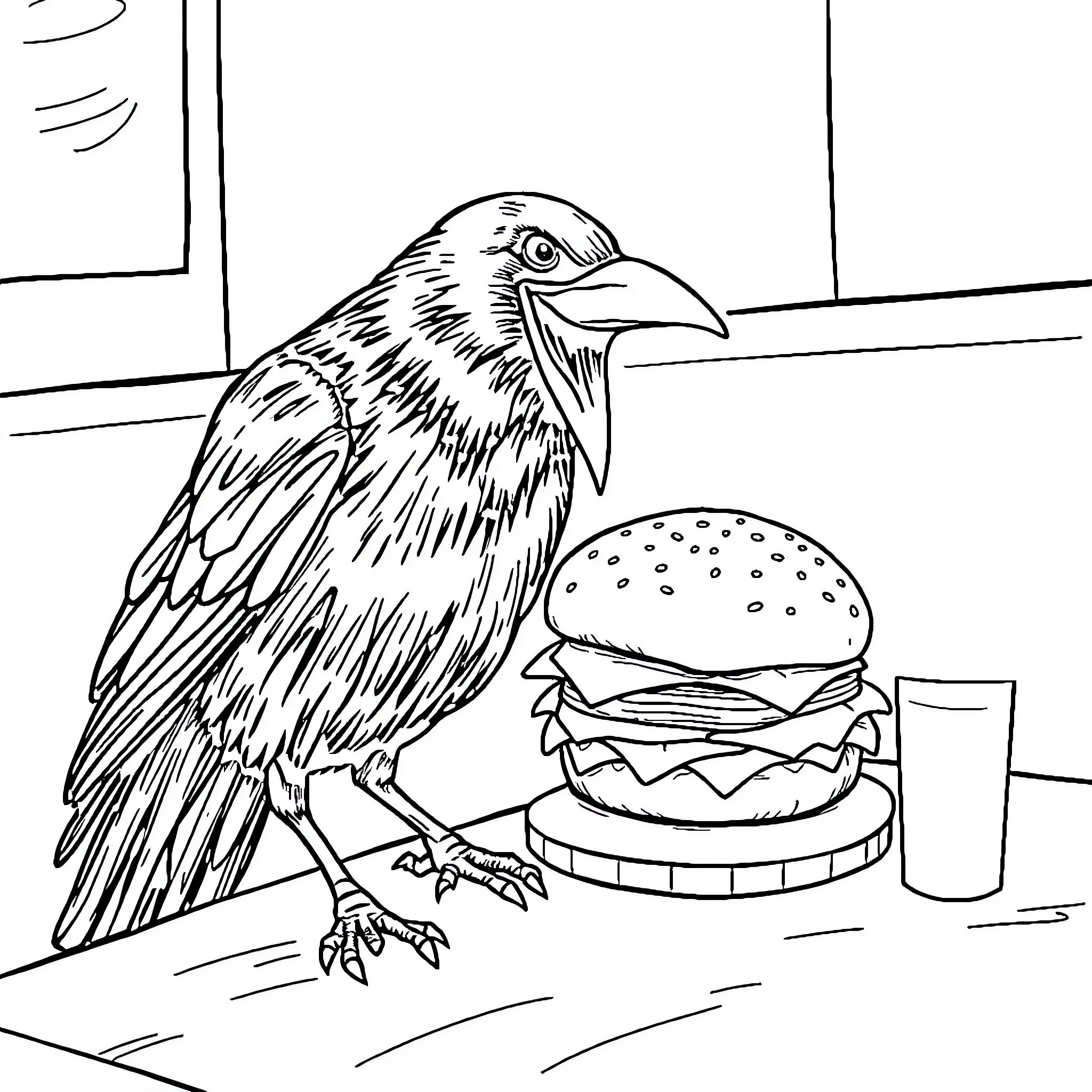 Crow looking curiously at a burger Coloring Page (free black-and-white line drawing printable PDF for all, from beginners to advanced learners, including children, teens, adults, and seniors)