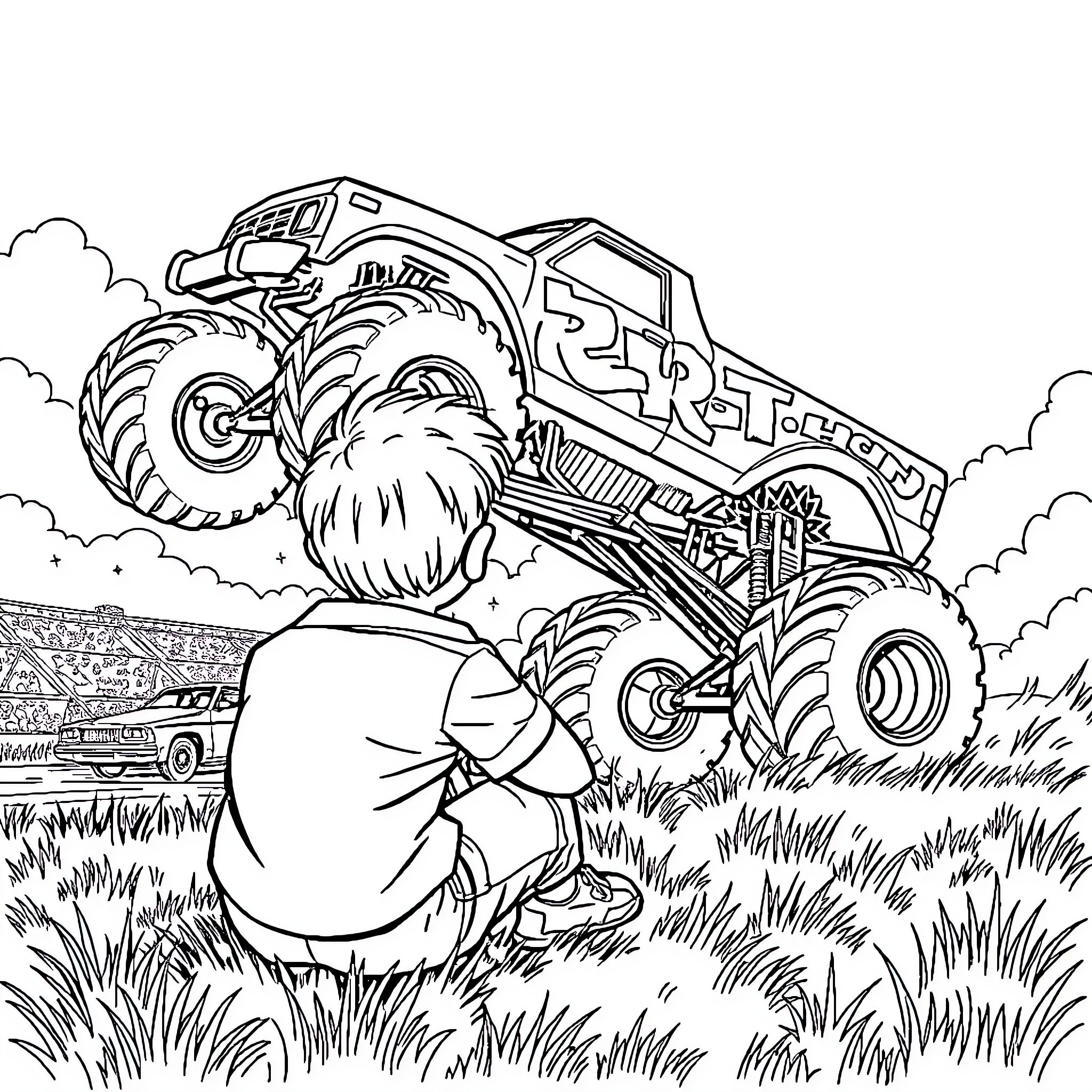 Boy marveling at the giant monster truck in the field Coloring Page (free black-and-white line drawing printable PDF for all, from beginners to advanced learners, including children, teens, adults, and seniors)