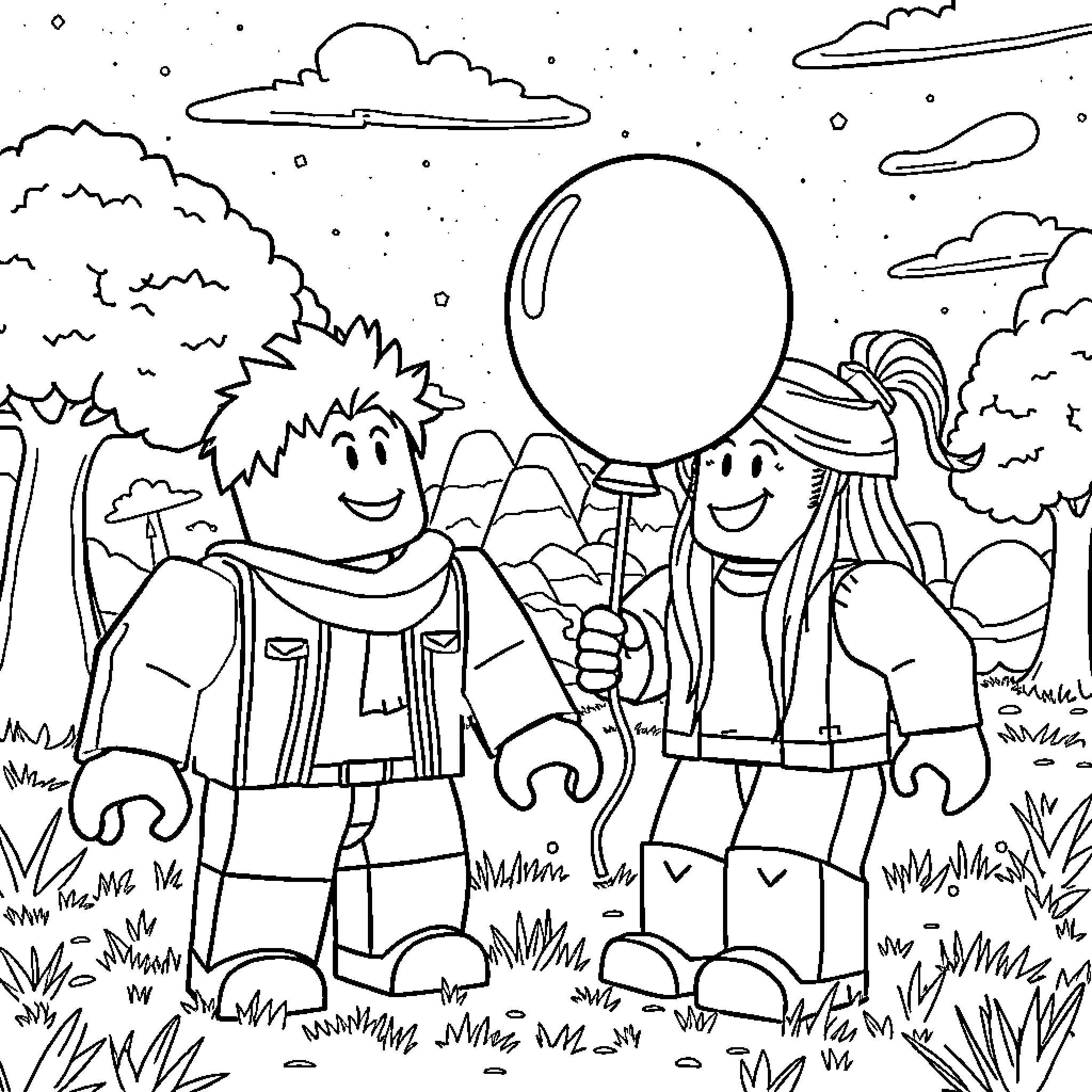 Roblox characters playing in the outdoor scenic landscape Coloring Page (free black-and-white line drawing printable PDF for all, from beginners to advanced learners, including children, teens, adults, and seniors)