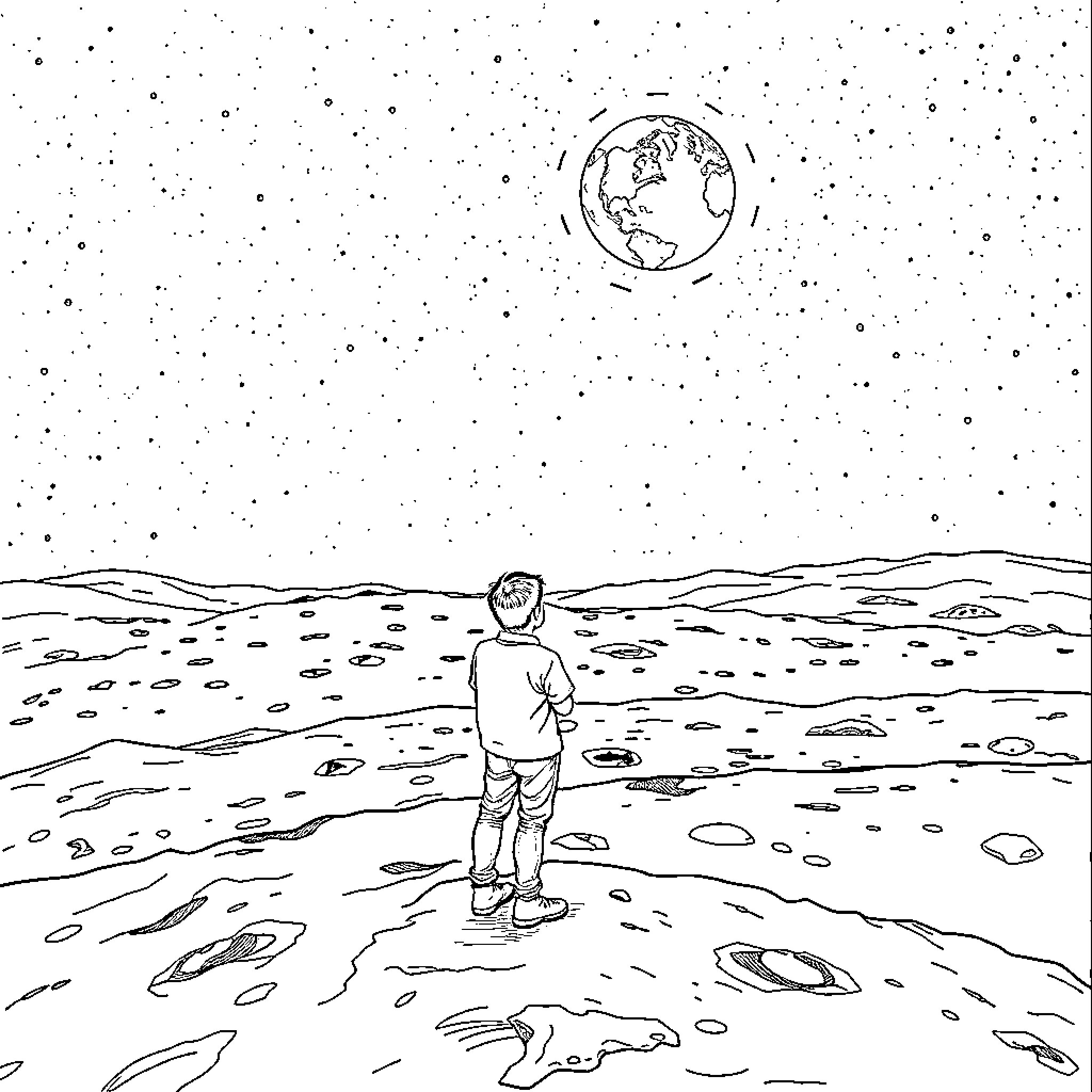 Man stands alone on a distant alien planet Coloring Page (free black-and-white line drawing printable PDF for all, from beginners to advanced learners, including children, teens, adults, and seniors)