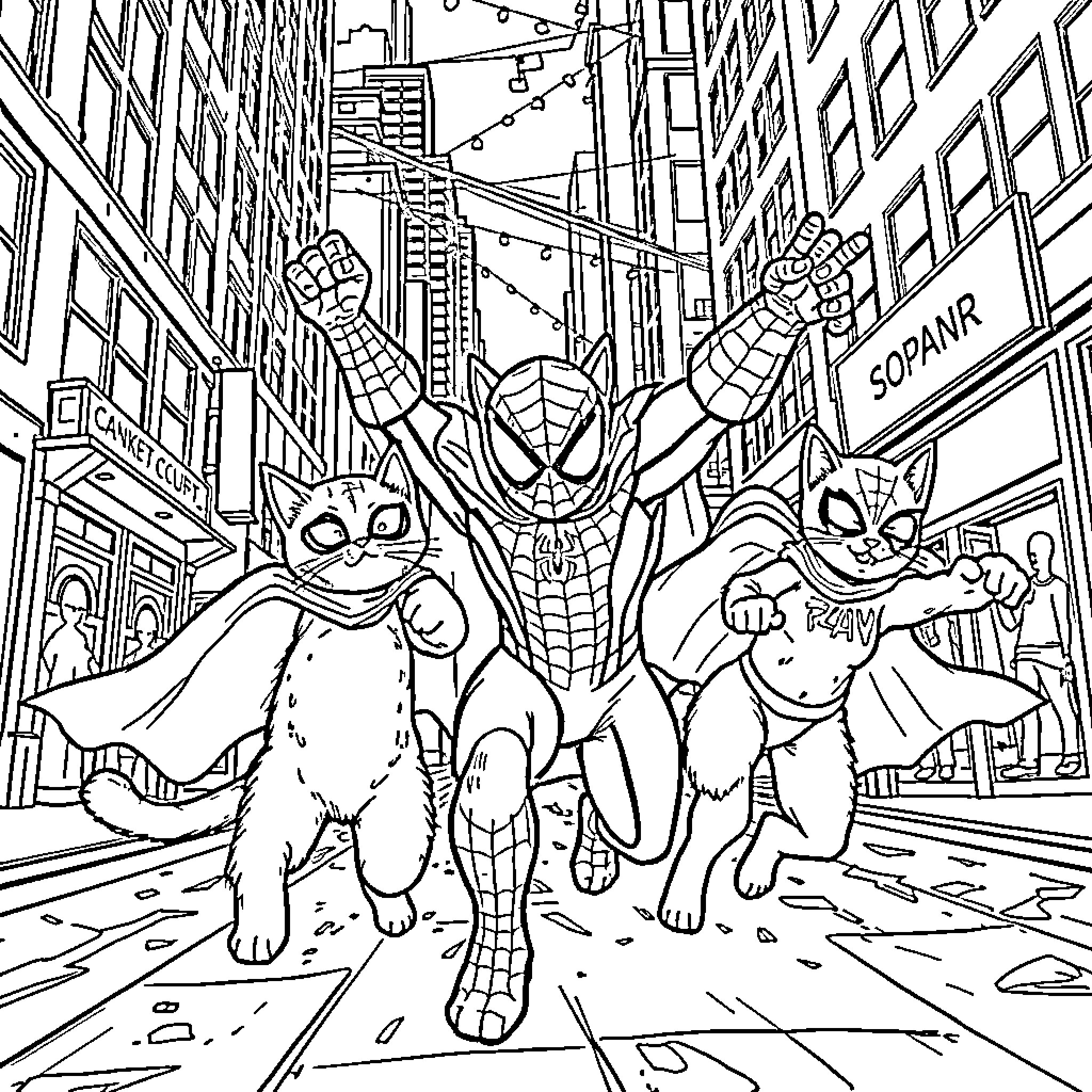 Kitty superheroes saving the city Coloring Page (free black-and-white line drawing printable PDF for all, from beginners to advanced learners, including children, teens, adults, and seniors)