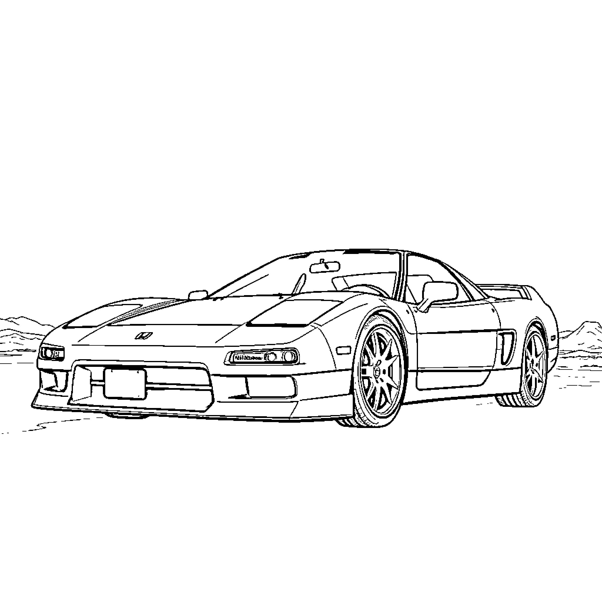 Honda sports car in action-packed scene Coloring Page (free black-and-white line drawing printable PDF for all, from beginners to advanced learners, including children, teens, adults, and seniors)