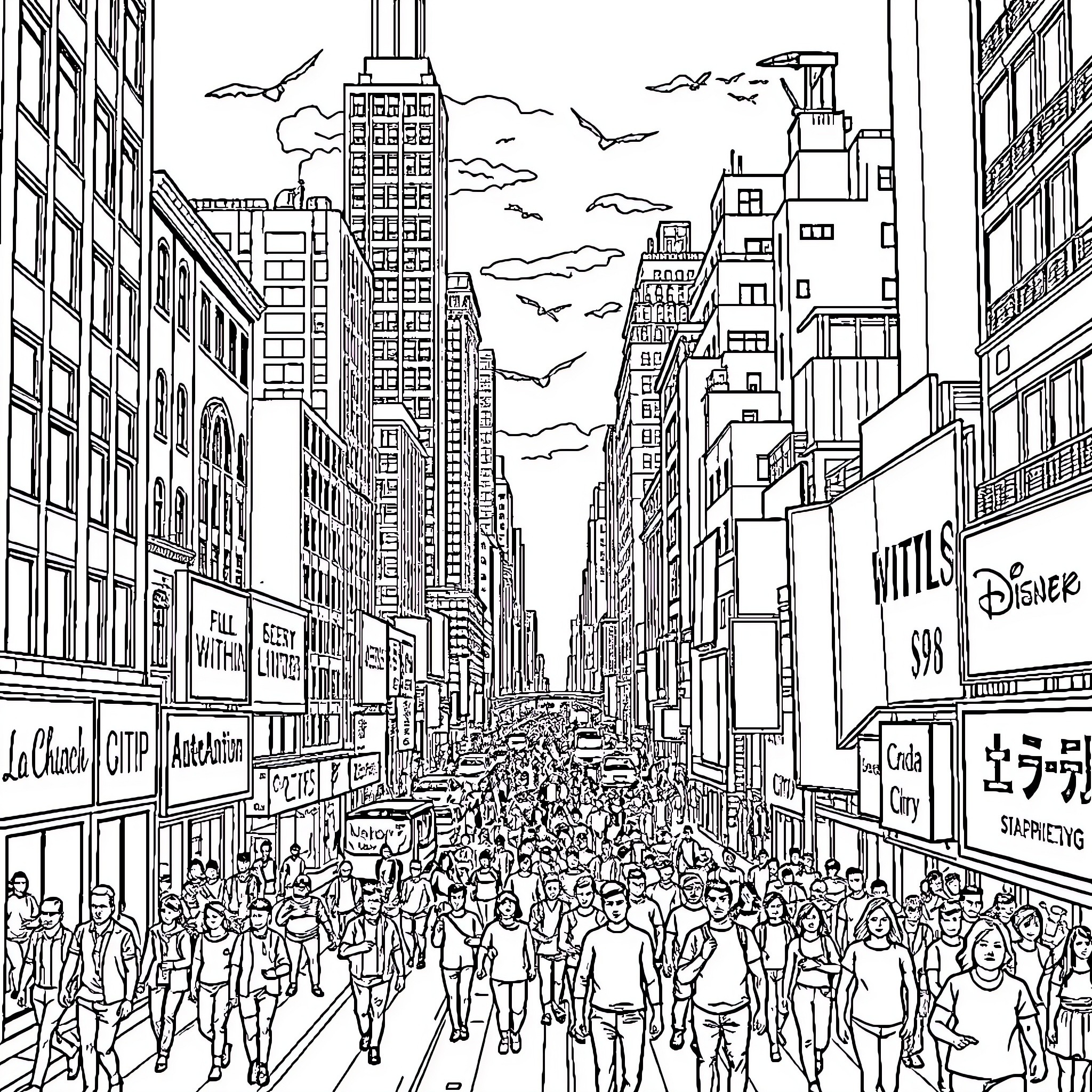 City of bustling streets and skyscrapers Coloring Page (free black-and-white line drawing printable PDF for all, from beginners to advanced learners, including children, teens, adults, and seniors)