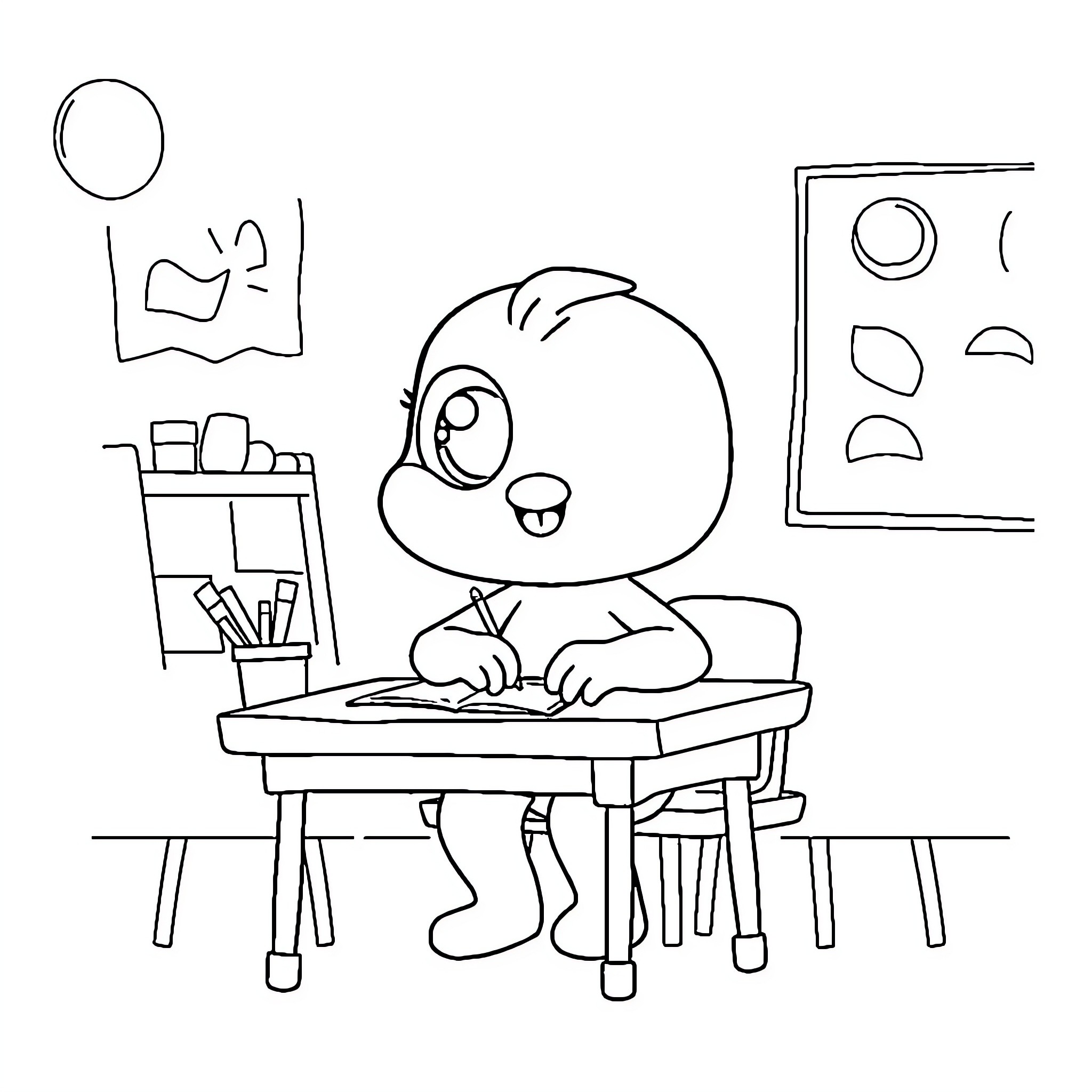 Bluey studying diligently at the desk Coloring Page (free black-and-white line drawing printable PDF for all, from beginners to advanced learners, including children, teens, adults, and seniors)