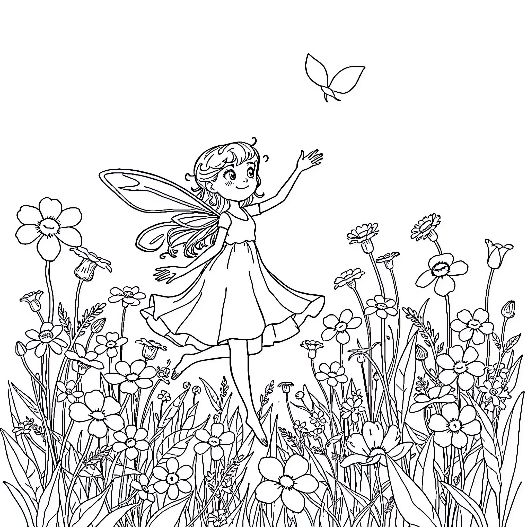 Tinkerbell joyfully dancing in a flower garden Coloring Page (free black-and-white line drawing printable PDF for all, from beginners to advanced learners, including children, teens, adults, and seniors)