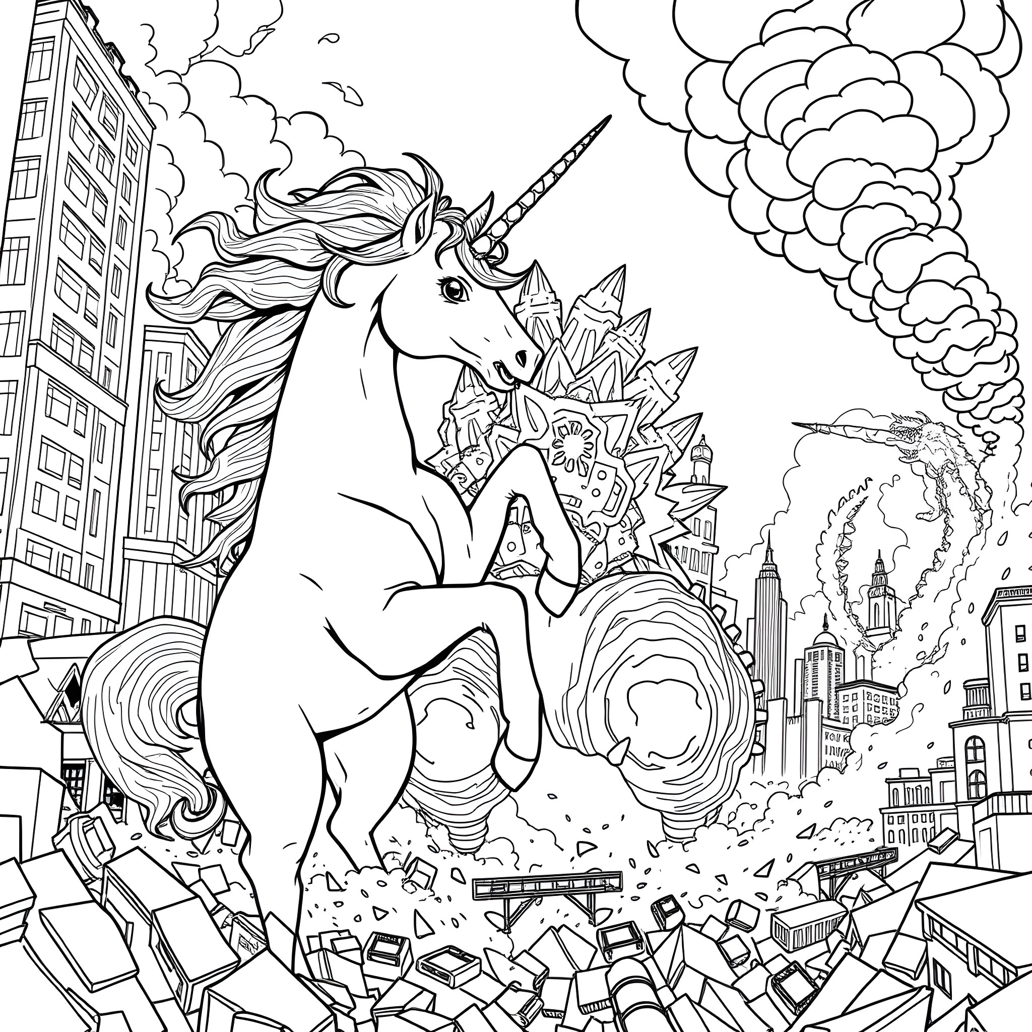Unicorn Unleashing Magical Power in the City Coloring Page (free black-and-white line drawing printable PDF for all, from beginners to advanced learners, including children, teens, adults, and seniors)