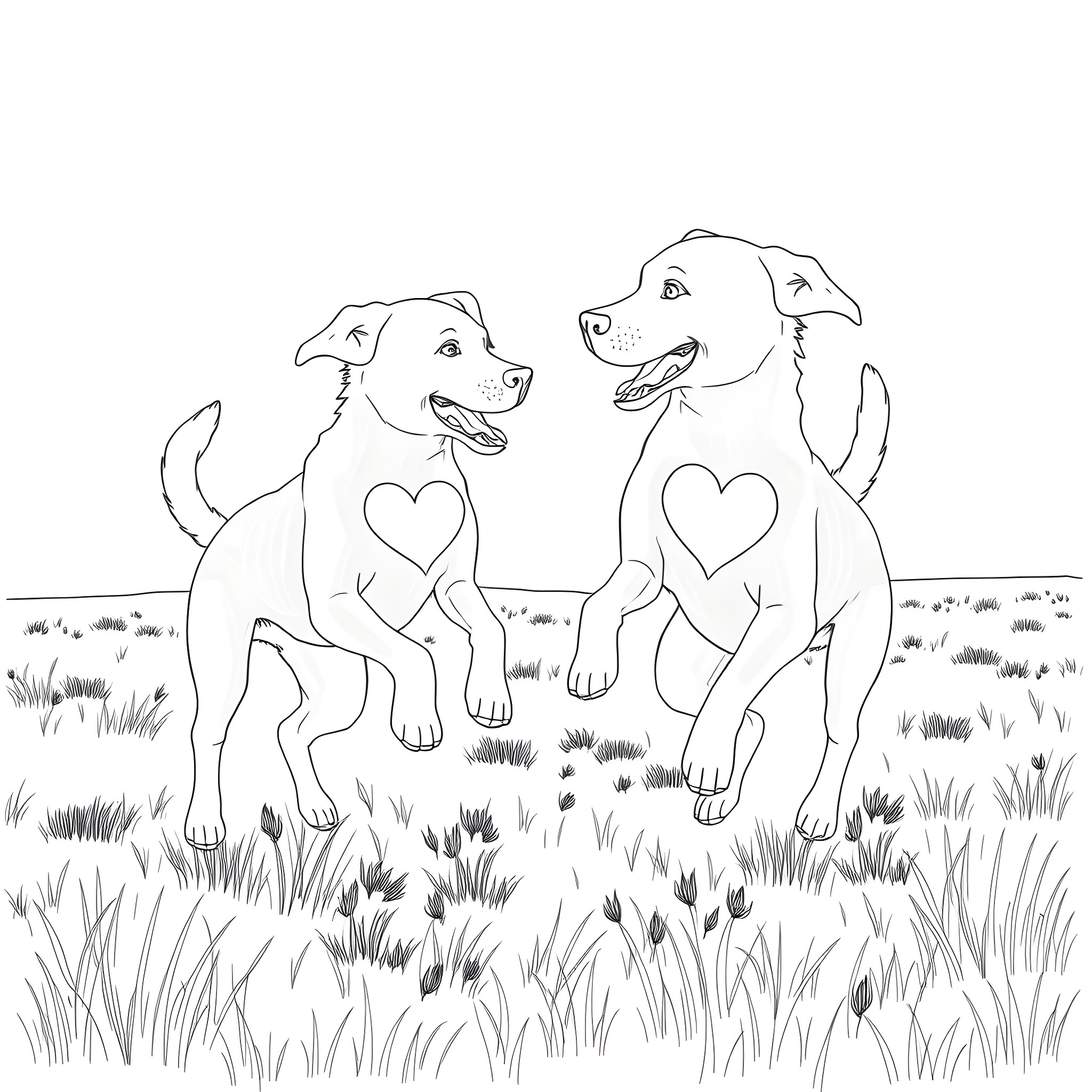 Dogs playing happily in the meadow Coloring Page (free black-and-white line drawing printable PDF for all, from beginners to advanced learners, including children, teens, adults, and seniors)