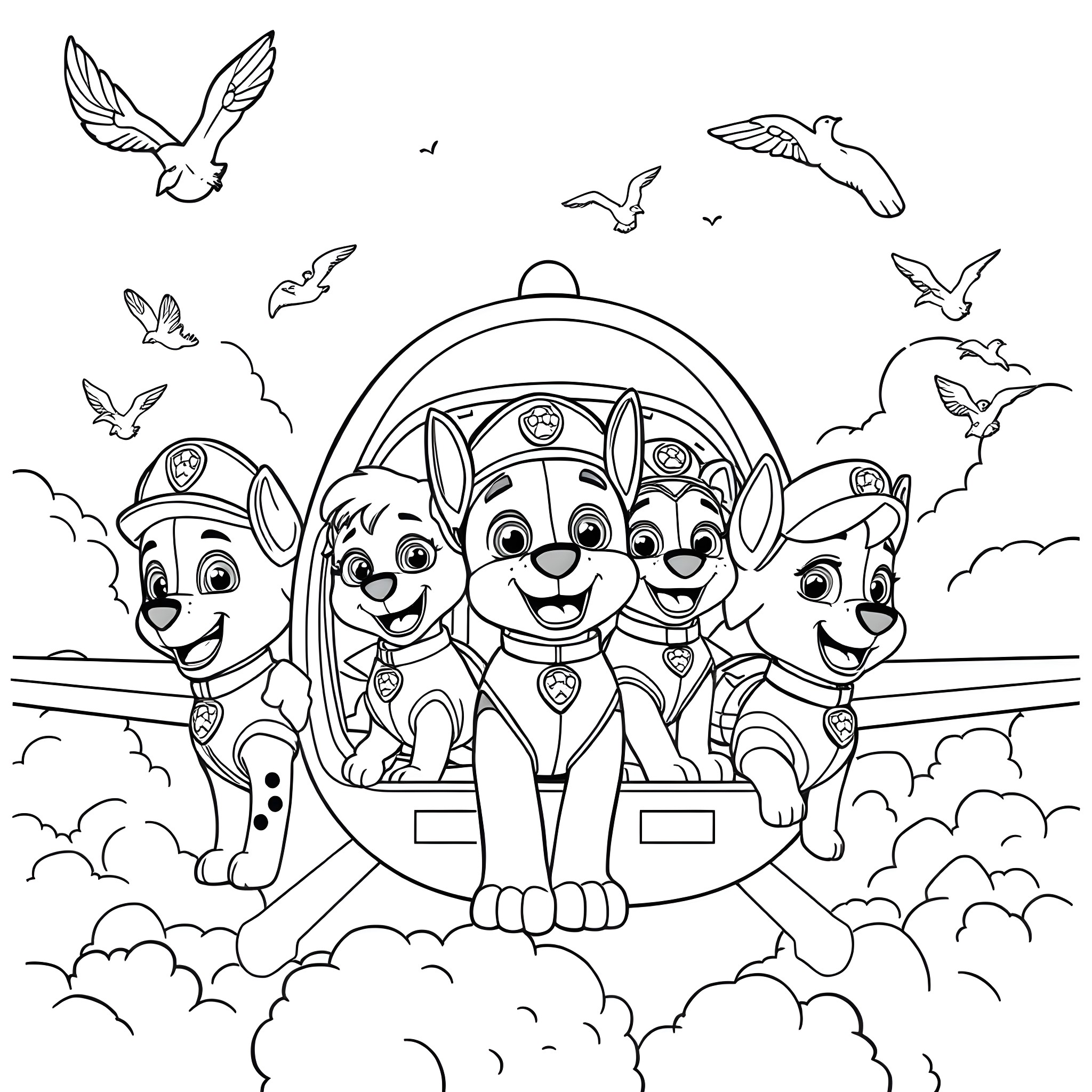 Paw Patrol team in a hot air balloon surrounded by birds Coloring Page (free black-and-white line drawing printable PDF for all, from beginners to advanced learners, including children, teens, adults, and seniors)
