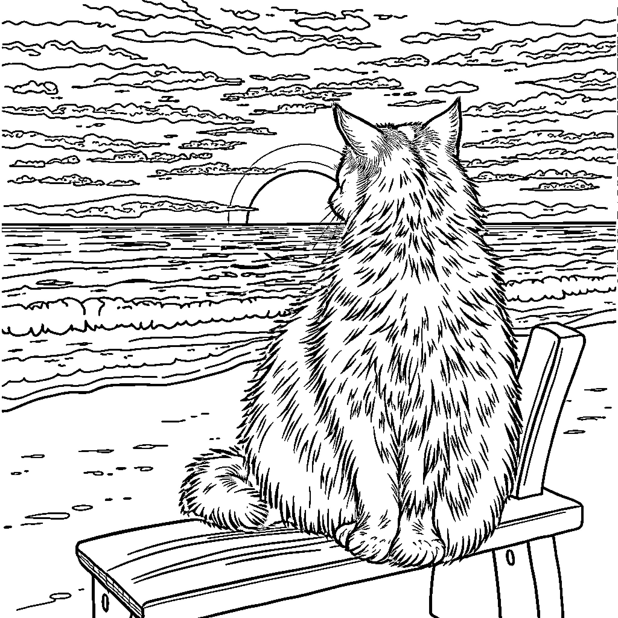 Cat gazing at sunset on the beach Coloring Page (free black-and-white line drawing printable PDF for all, from beginners to advanced learners, including children, teens, adults, and seniors)