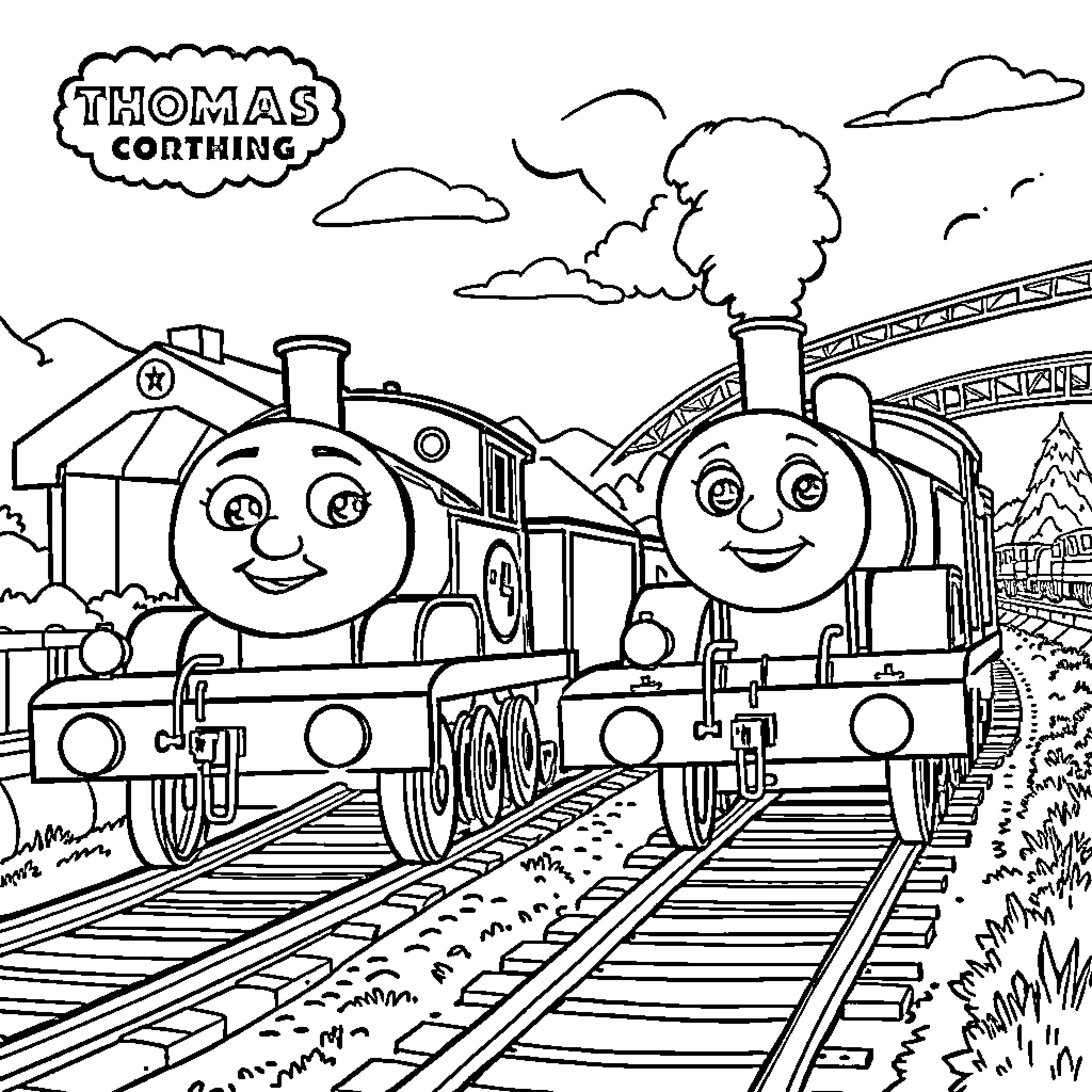 McQueen's Railway Adventure with Thomas Coloring Page (free black-and-white line drawing printable PDF for all, from beginners to advanced learners, including children, teens, adults, and seniors)
