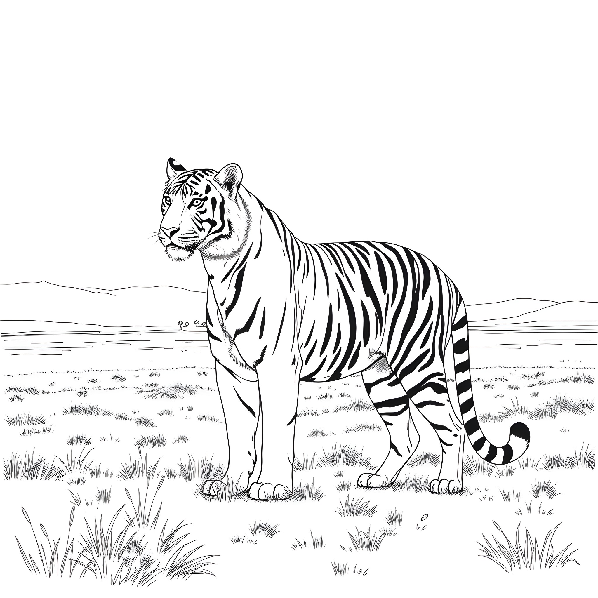 Tiger standing tall in the wild Coloring Page (free black-and-white line drawing printable PDF for all, from beginners to advanced learners, including children, teens, adults, and seniors)