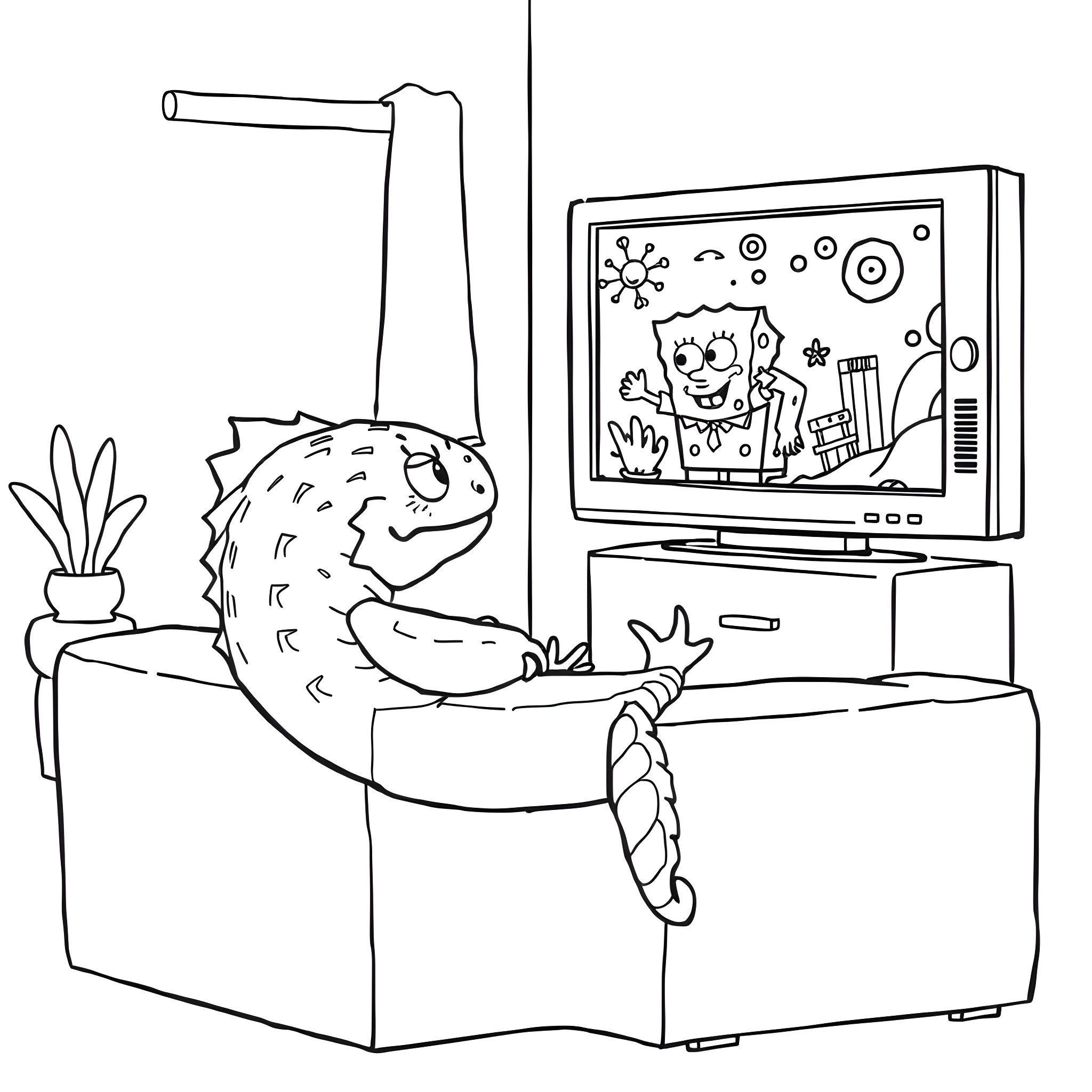 Axolotl relaxing and watching TV Coloring Page (free black-and-white line drawing printable PDF for all, from beginners to advanced learners, including children, teens, adults, and seniors)