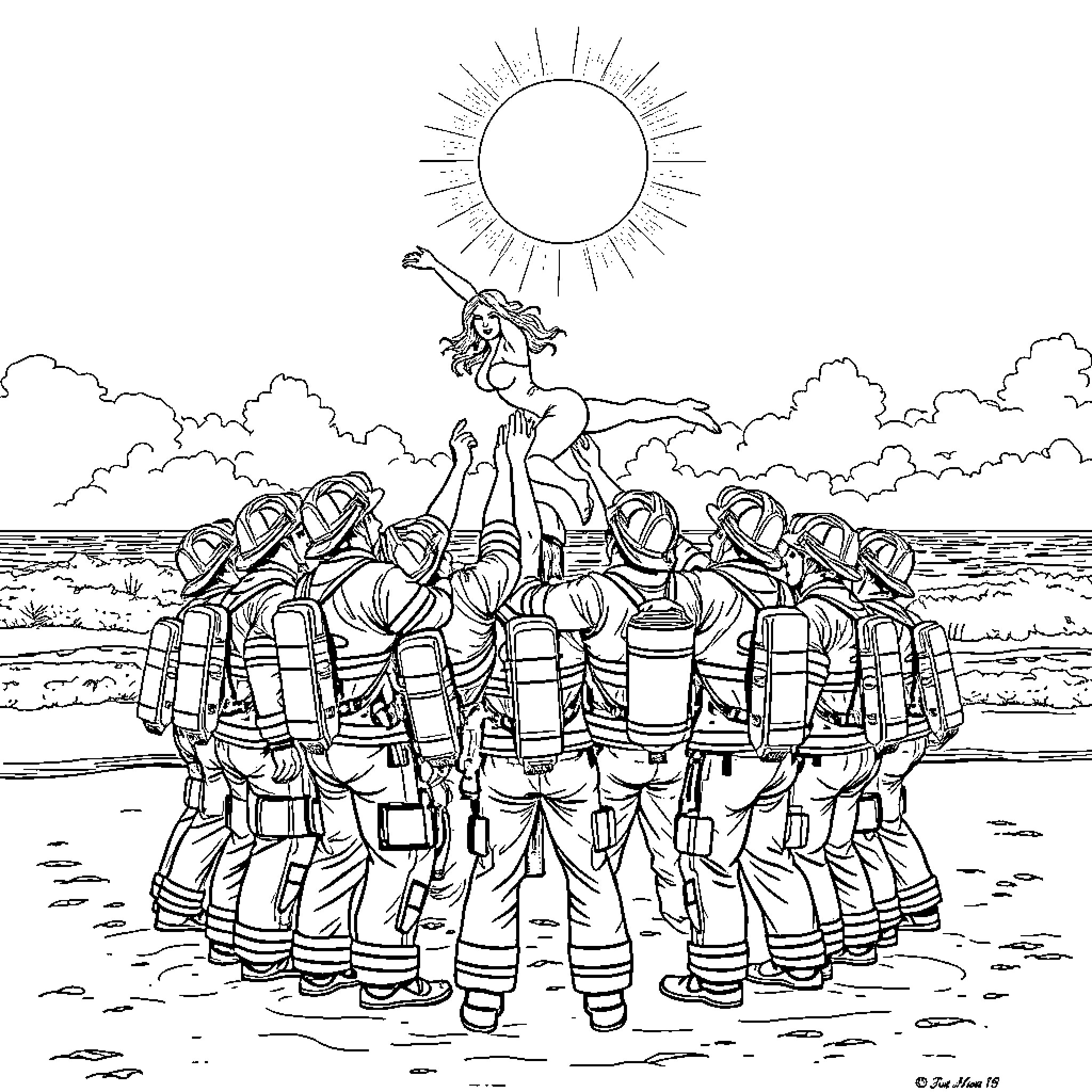 Firefighters united in heroic action under the sun Coloring Page (free black-and-white line drawing printable PDF for all, from beginners to advanced learners, including children, teens, adults, and seniors)