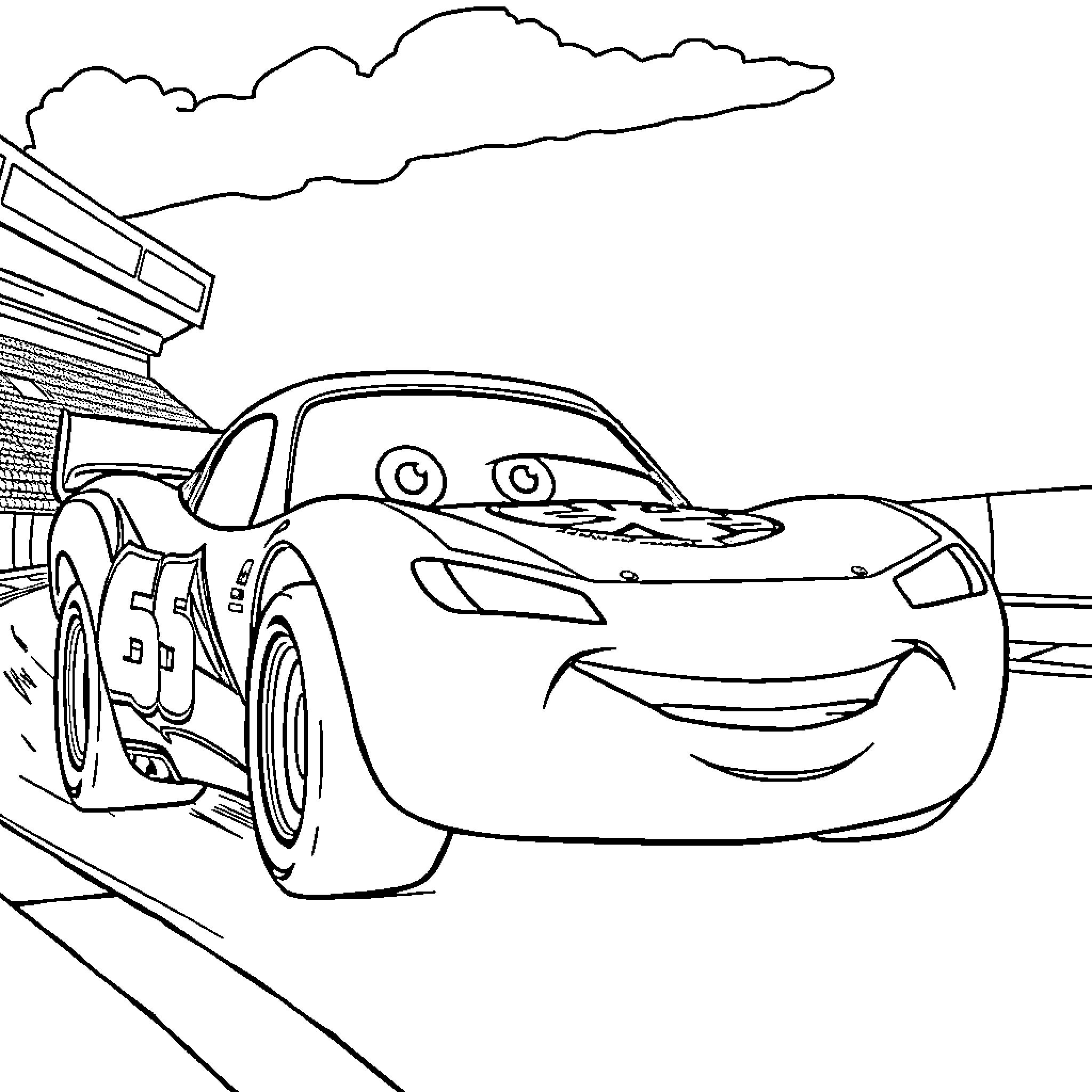 Lightning McQueen racing on the track Coloring Page (free black-and-white line drawing printable PDF for all, from beginners to advanced learners, including children, teens, adults, and seniors)