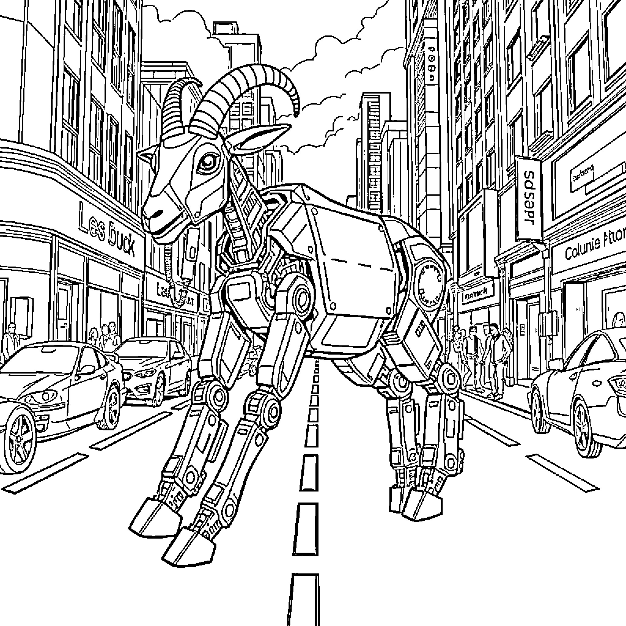 Robot Goat-like Automaton Roams City Street Coloring Page (free black-and-white line drawing printable PDF for all, from beginners to advanced learners, including children, teens, adults, and seniors)