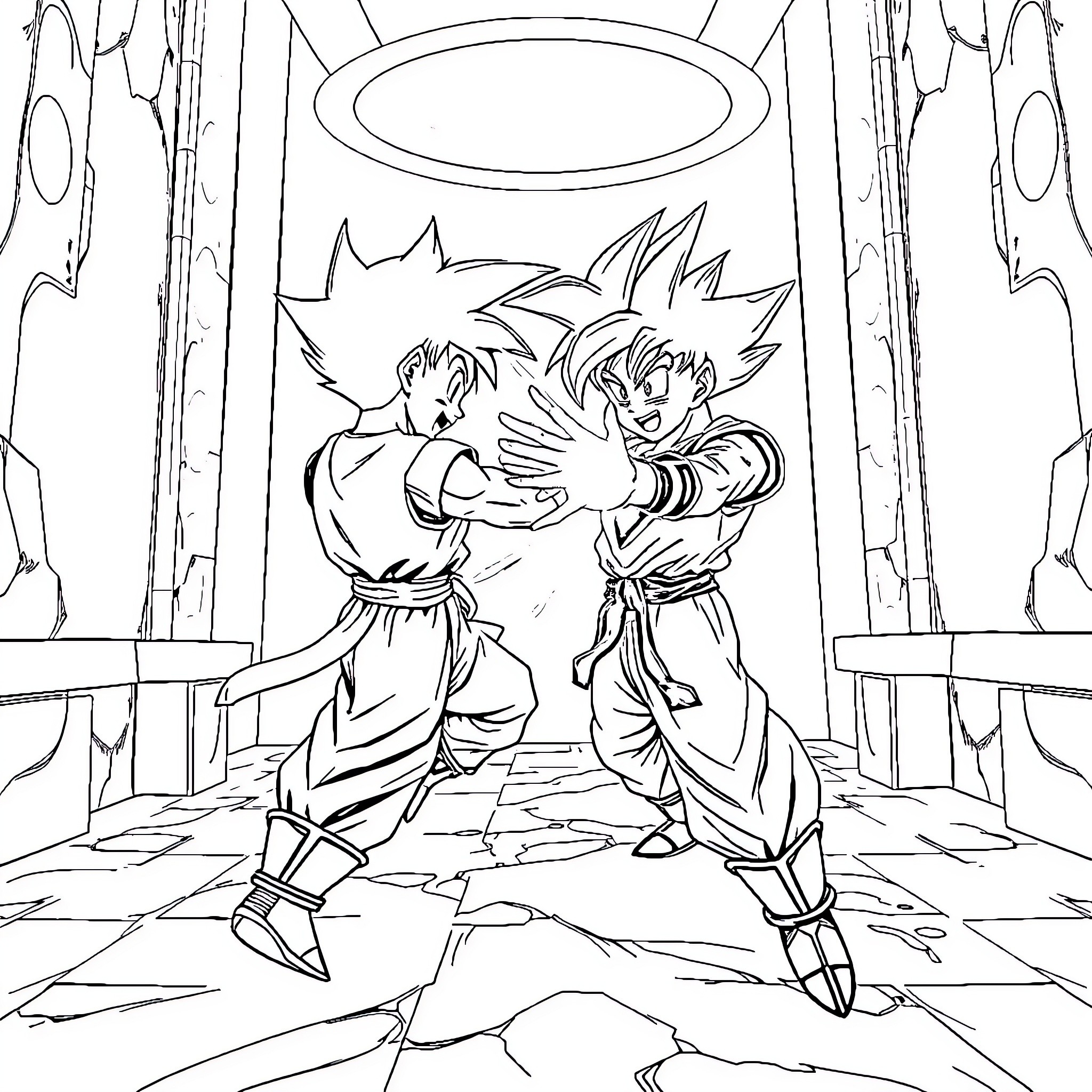 Gohan and Goku's Intense Sparring Session Coloring Page (free black-and-white line drawing printable PDF for all, from beginners to advanced learners, including children, teens, adults, and seniors)
