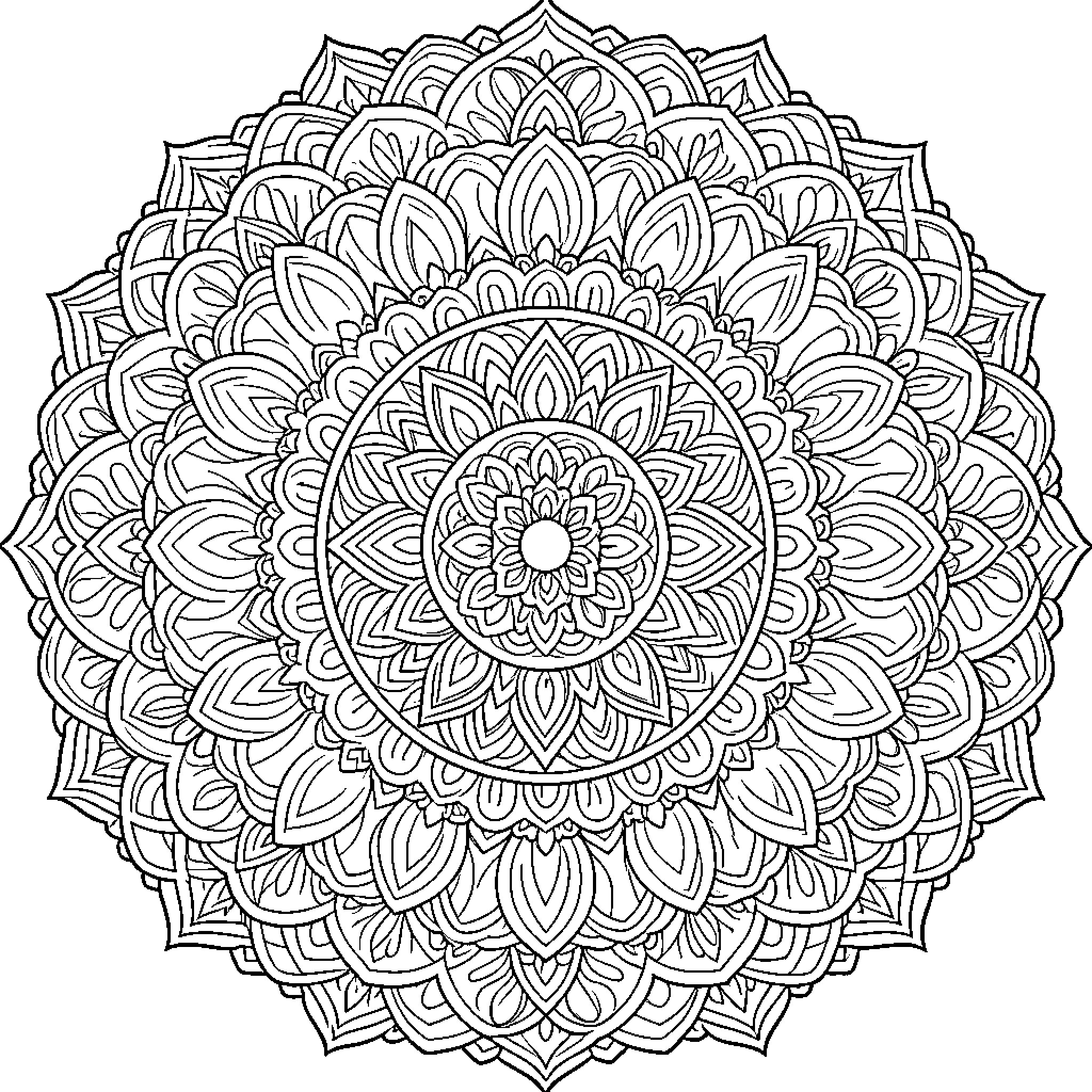 Mandala with intricate floral patterns and symmetrical petal layers Coloring Page (free black-and-white line drawing printable PDF for all, from beginners to advanced learners, including children, teens, adults, and seniors)