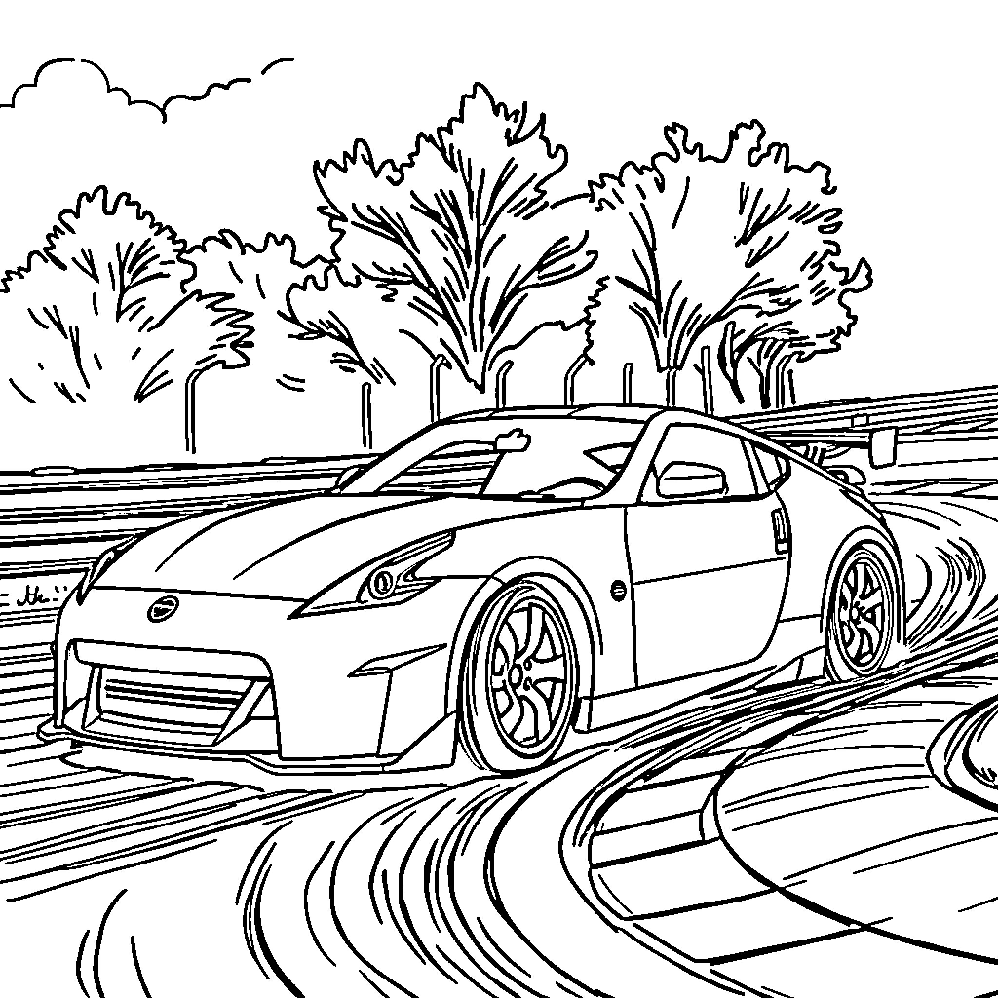 350z speeding on the open road Coloring Page (free black-and-white line drawing printable PDF for all, from beginners to advanced learners, including children, teens, adults, and seniors)
