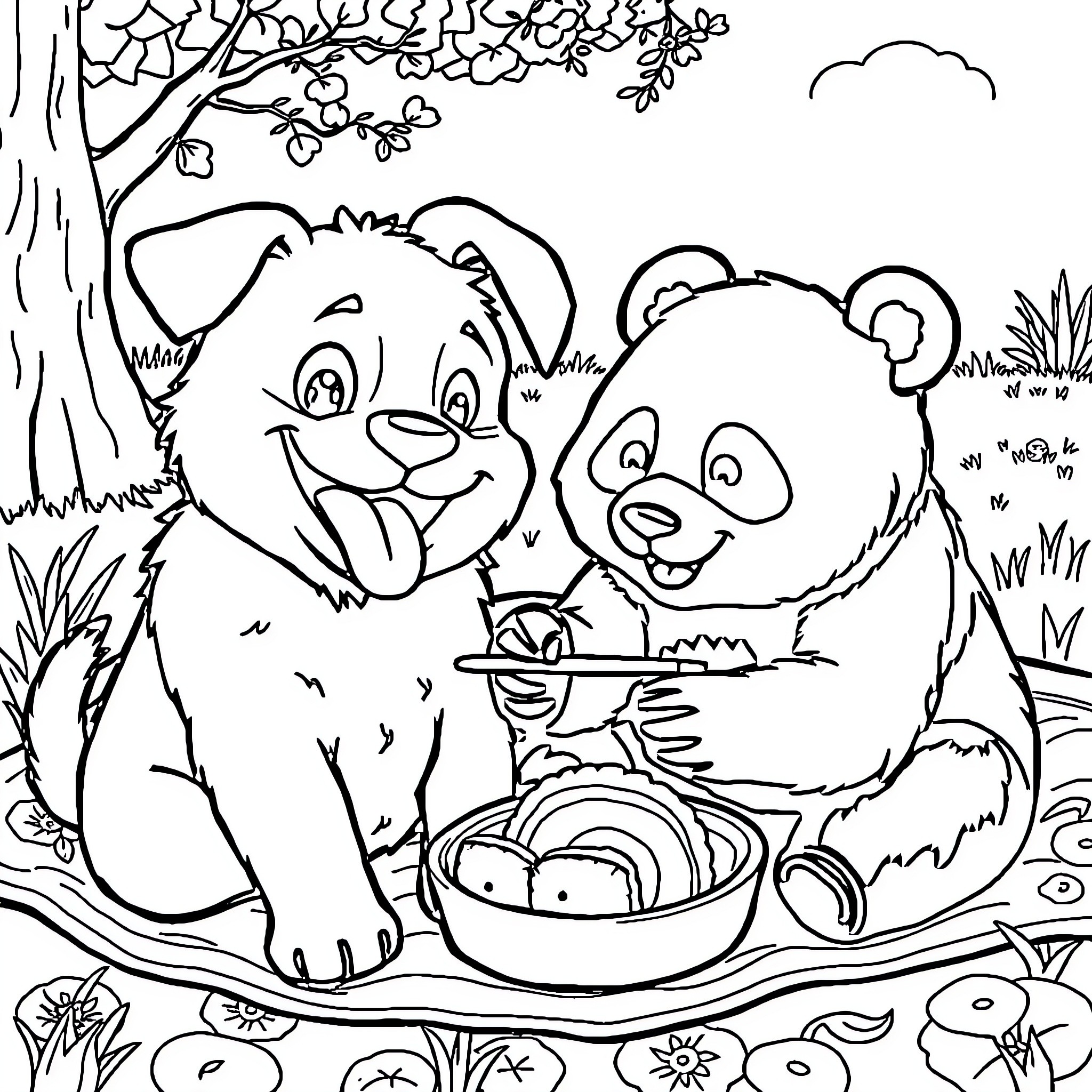 Dog and Bear Picnic in the Park Coloring Page (free black-and-white line drawing printable PDF for all, from beginners to advanced learners, including children, teens, adults, and seniors)