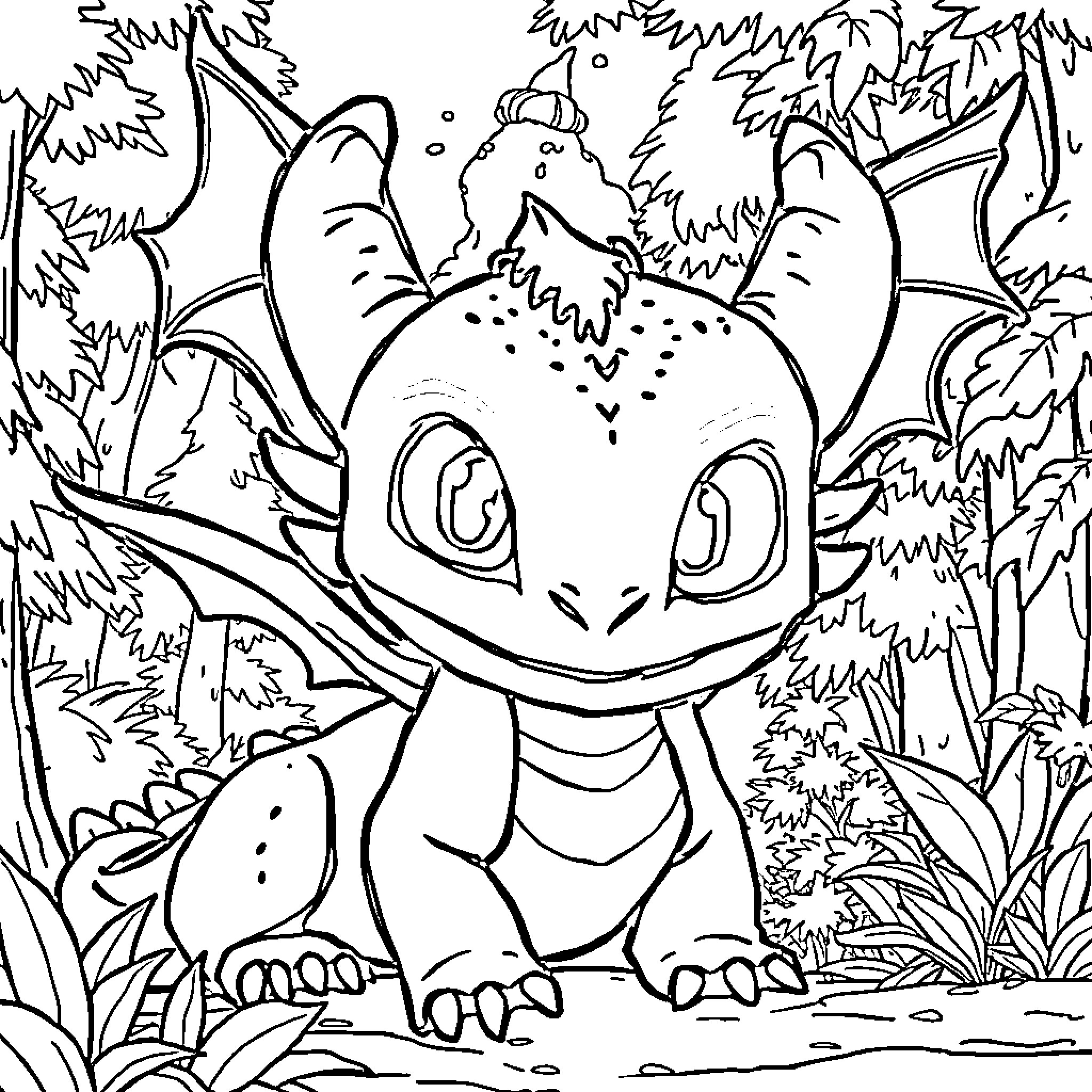 Dragon smiling playfully in enchanted forest Coloring Page (free black-and-white line drawing printable PDF for all, from beginners to advanced learners, including children, teens, adults, and seniors)