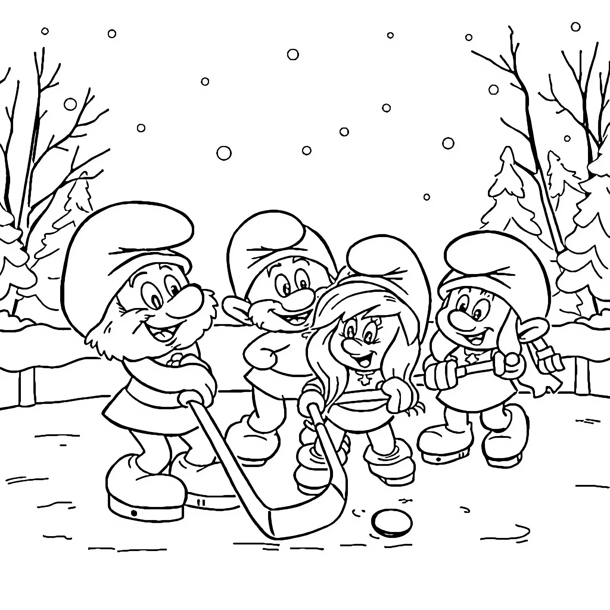 Smurfs sledding in a snowy winter landscape Coloring Page (free black-and-white line drawing printable PDF for all, from beginners to advanced learners, including children, teens, adults, and seniors)