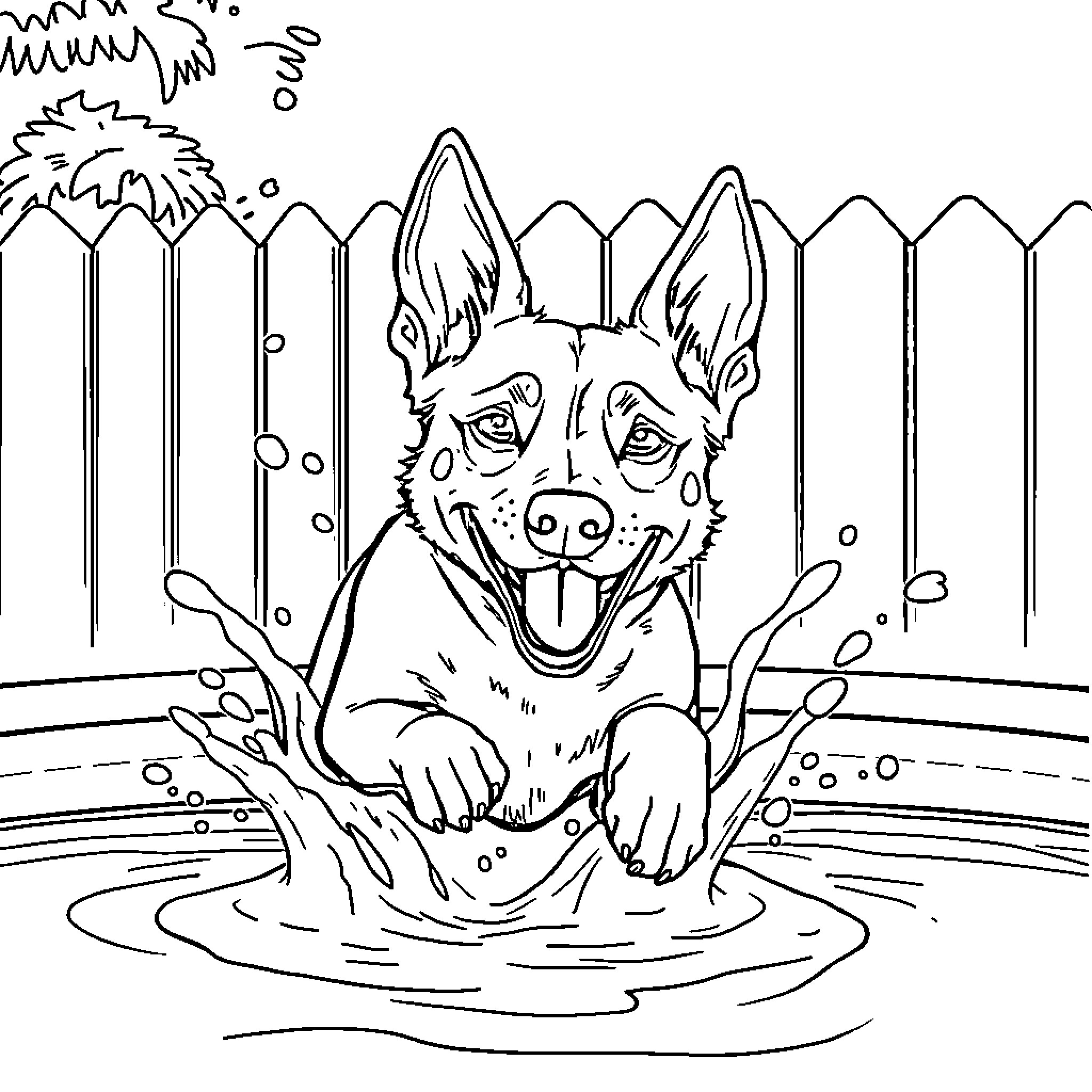 Xoloitzcuintli playing joyfully in the water Coloring Page (free black-and-white line drawing printable PDF for all, from beginners to advanced learners, including children, teens, adults, and seniors)