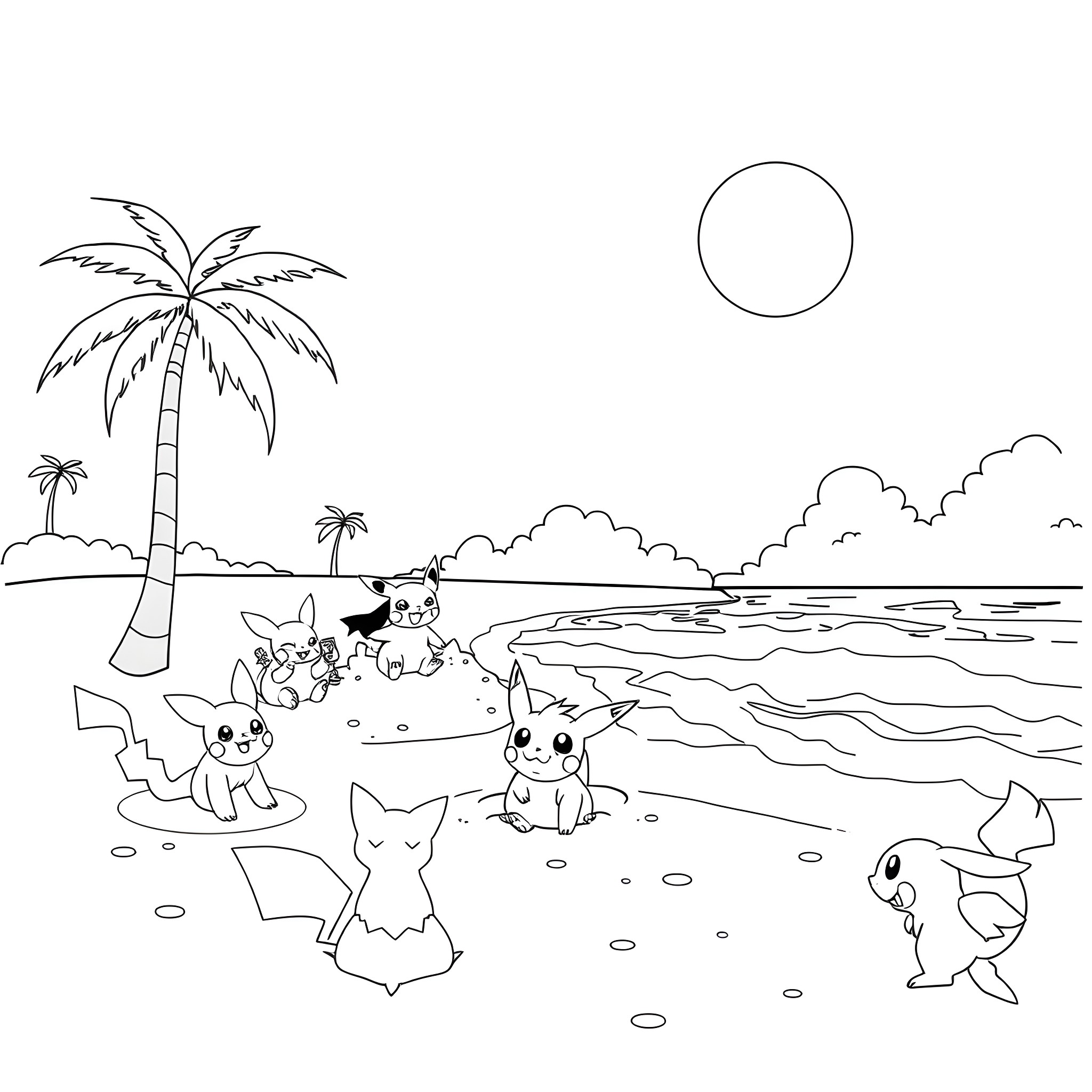 Pokémon enjoying a day at the beach Coloring Page (free black-and-white line drawing printable PDF for all, from beginners to advanced learners, including children, teens, adults, and seniors)