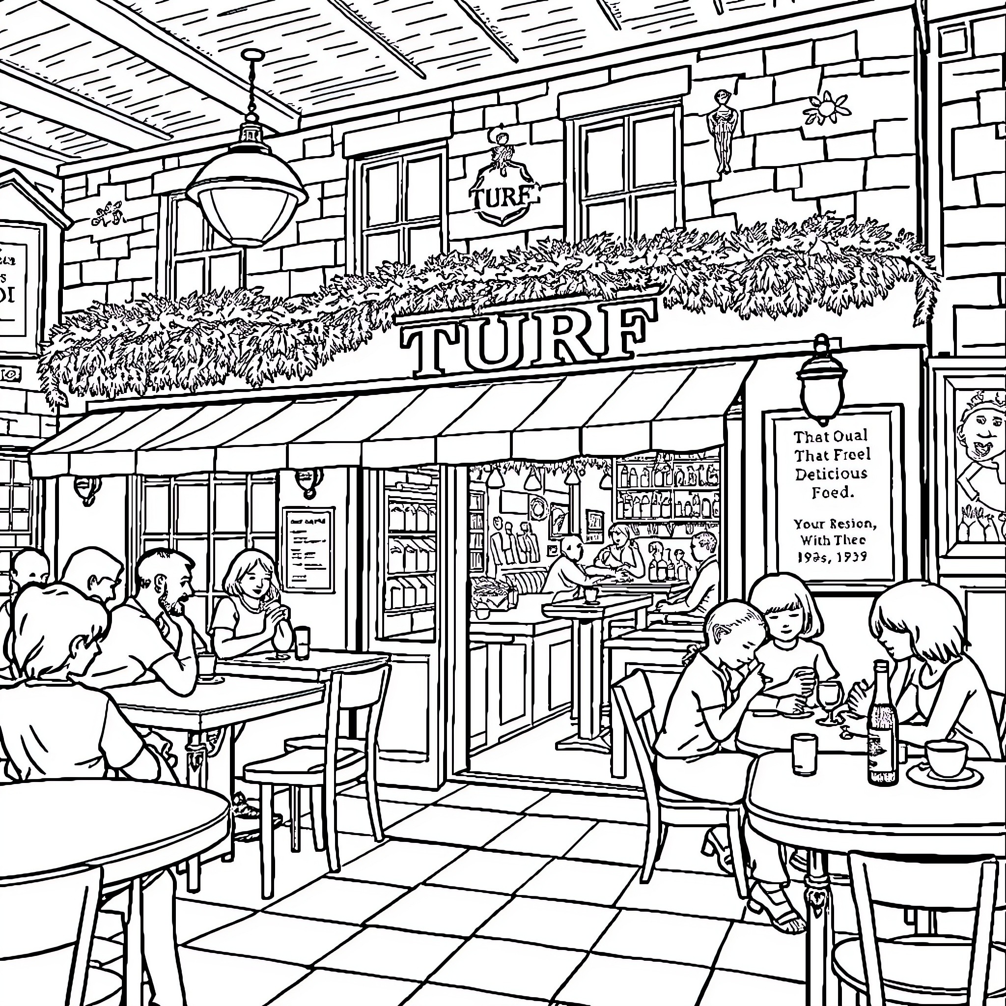 Turf Cafe Scene with Patrons Dining Coloring Page (free black-and-white line drawing printable PDF for all, from beginners to advanced learners, including children, teens, adults, and seniors)
