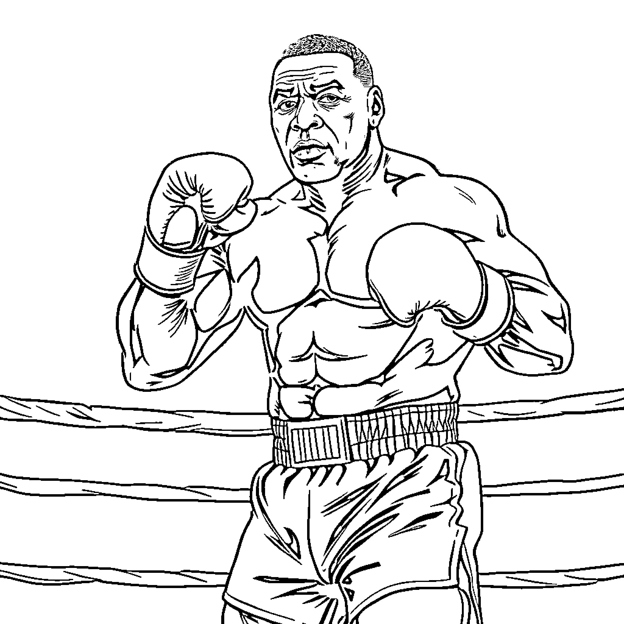 Mike Tyson Fighting in the Boxing Ring Coloring Page (free black-and-white line drawing printable PDF for all, from beginners to advanced learners, including children, teens, adults, and seniors)