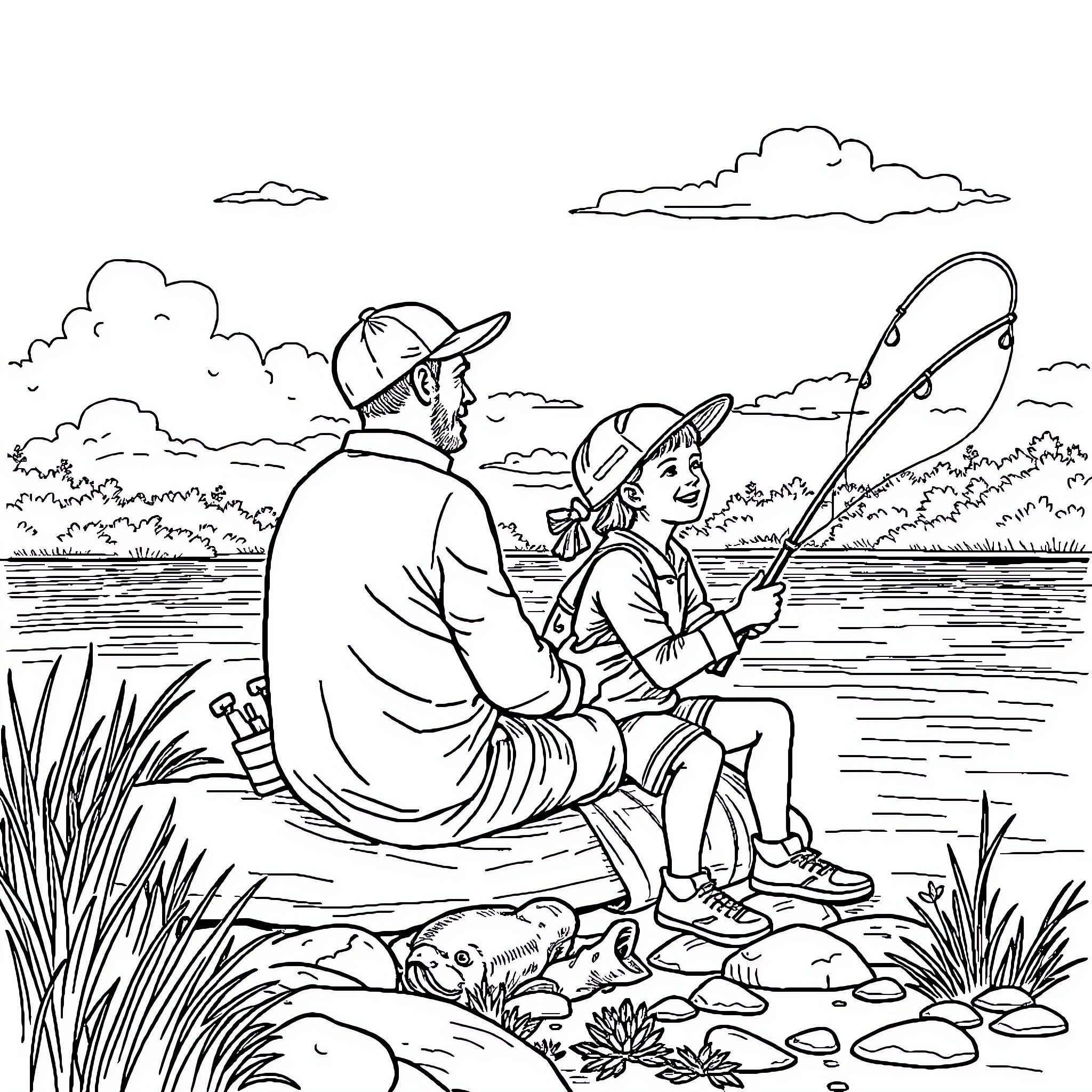 Fishing trip with father and daughter Coloring Page (free black-and-white line drawing printable PDF for all, from beginners to advanced learners, including children, teens, adults, and seniors)