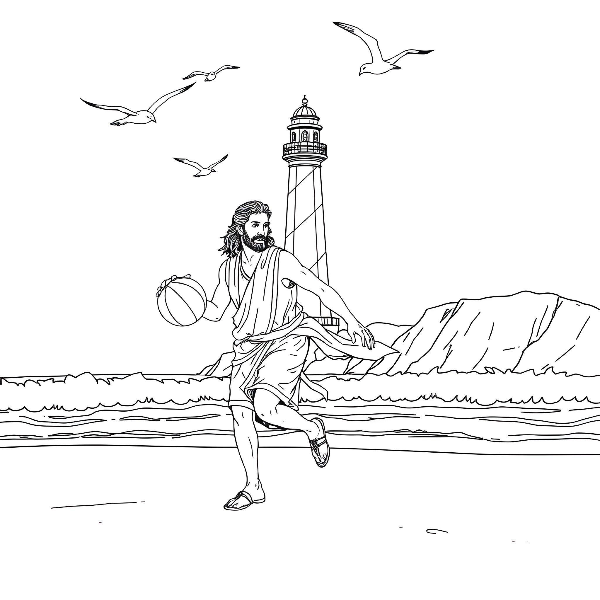Jesus playing with a ball near a lighthouse Coloring Page (free black-and-white line drawing printable PDF for all, from beginners to advanced learners, including children, teens, adults, and seniors)