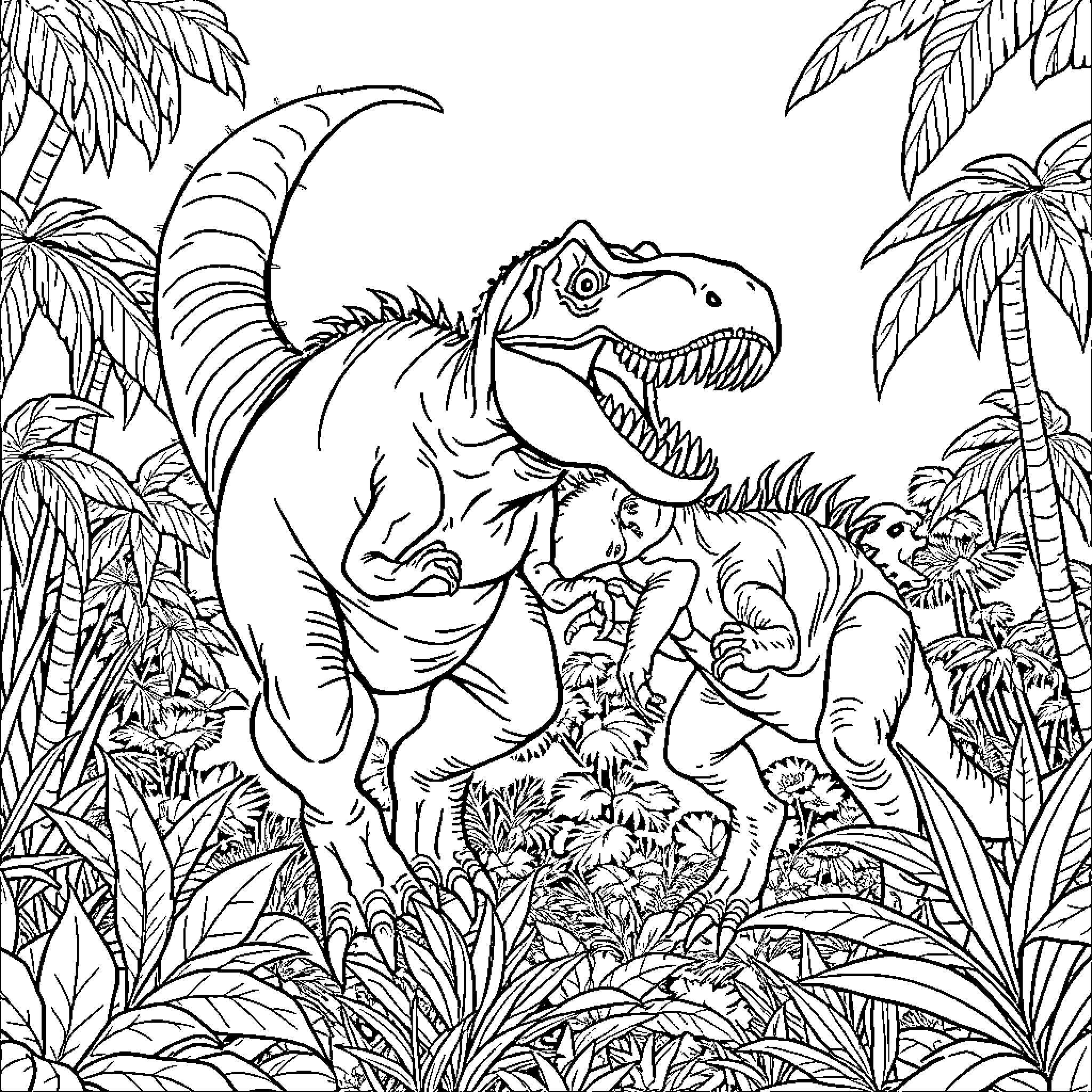 Dinosaurs roaming through lush prehistoric landscape Coloring Page (free black-and-white line drawing printable PDF for all, from beginners to advanced learners, including children, teens, adults, and seniors)