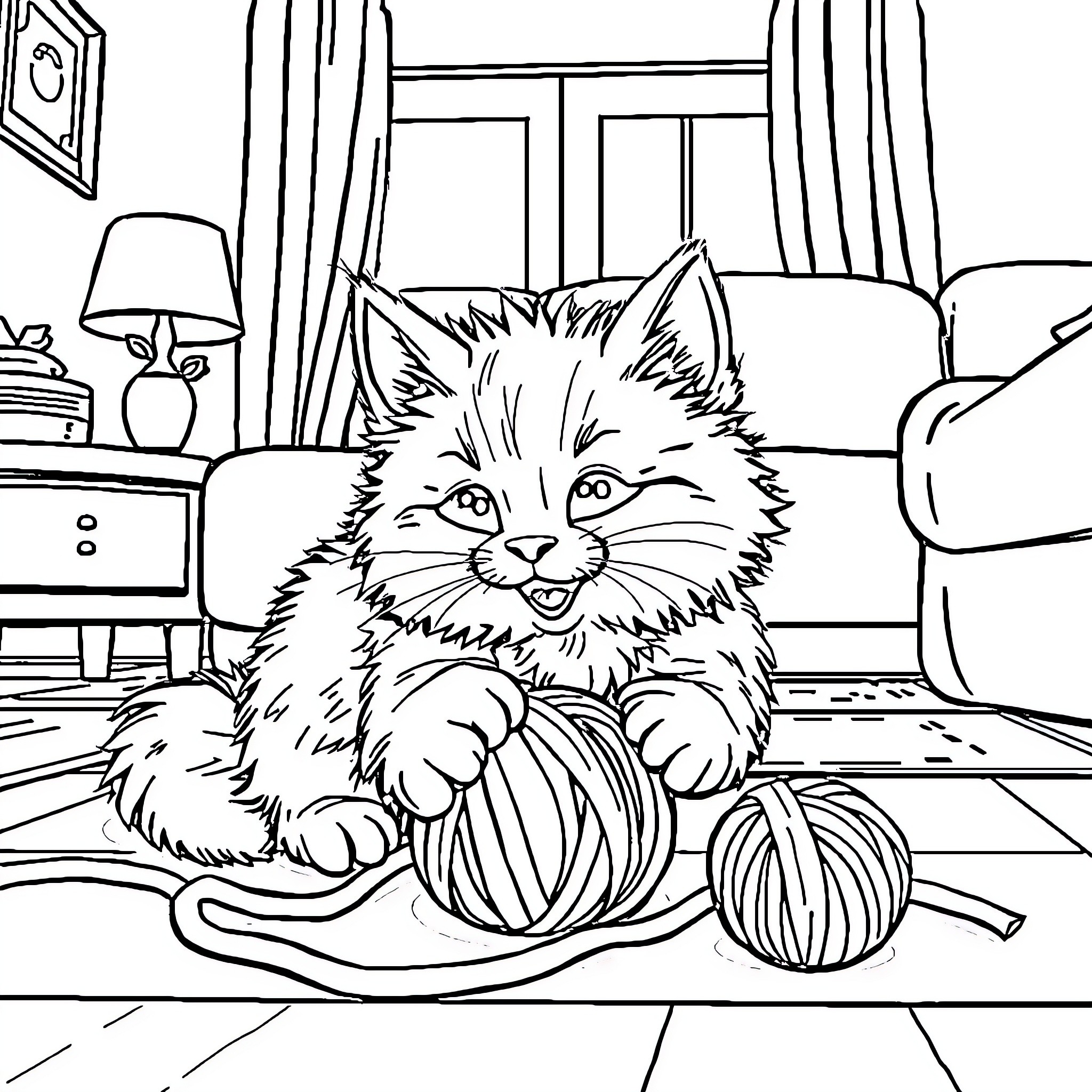 Cat playing with yarn in cozy home Coloring Page (free black-and-white line drawing printable PDF for all, from beginners to advanced learners, including children, teens, adults, and seniors)