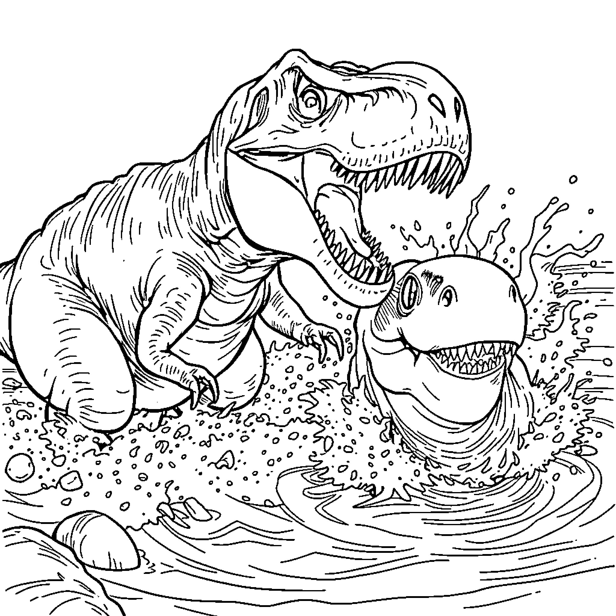 T-Rex Hunting Ferociously in the Water Coloring Page (free black-and-white line drawing printable PDF for all, from beginners to advanced learners, including children, teens, adults, and seniors)