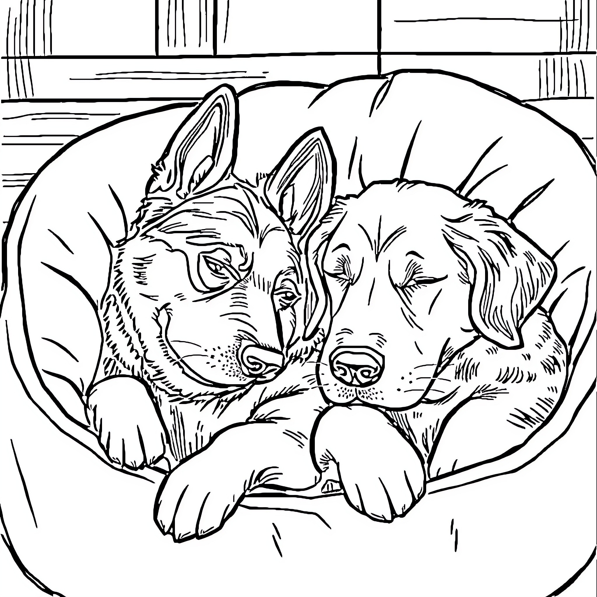 Dog Sleeping Peacefully with Companion Coloring Page (free black-and-white line drawing printable PDF for all, from beginners to advanced learners, including children, teens, adults, and seniors)