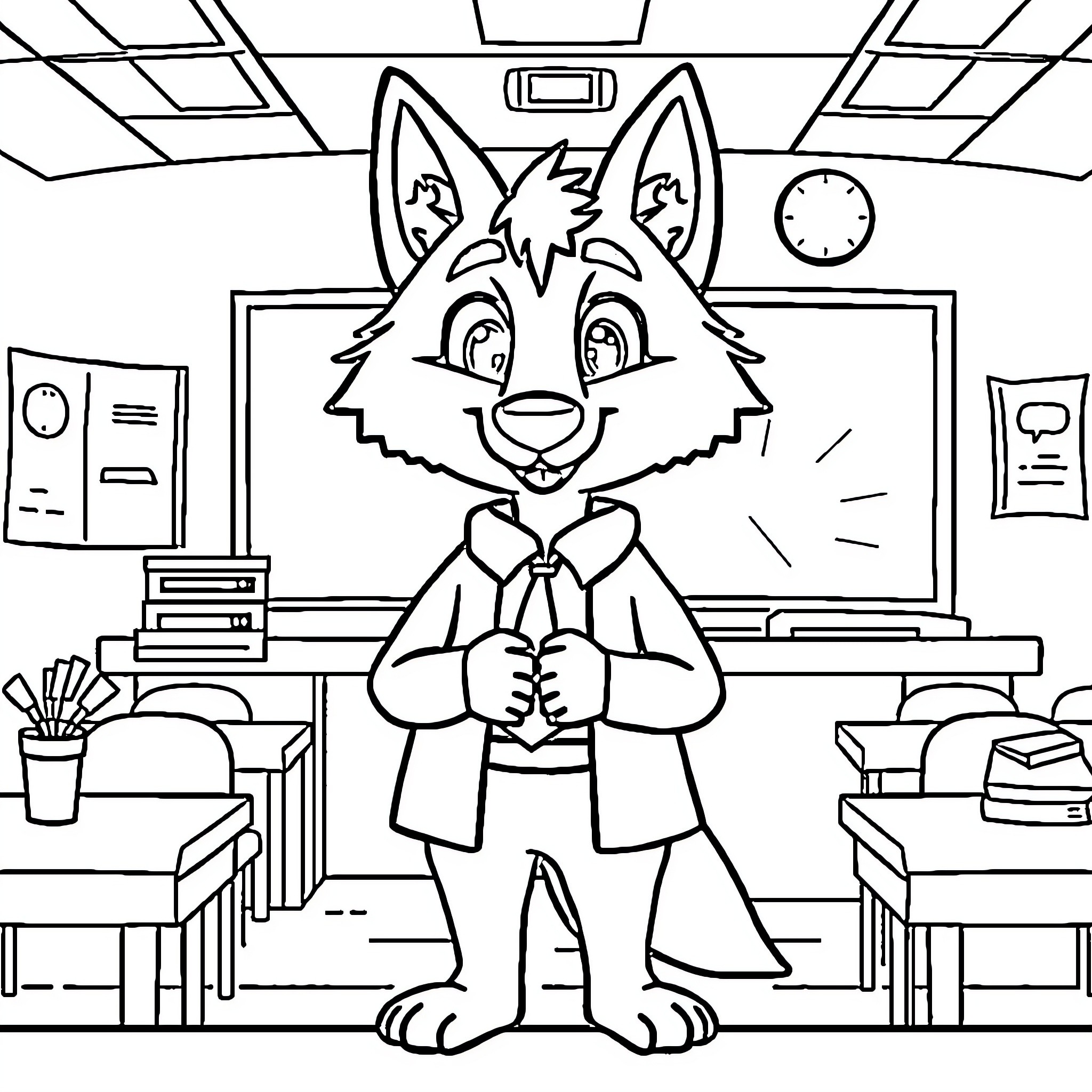 Wolf working diligently in the classroom Coloring Page (free black-and-white line drawing printable PDF for all, from beginners to advanced learners, including children, teens, adults, and seniors)