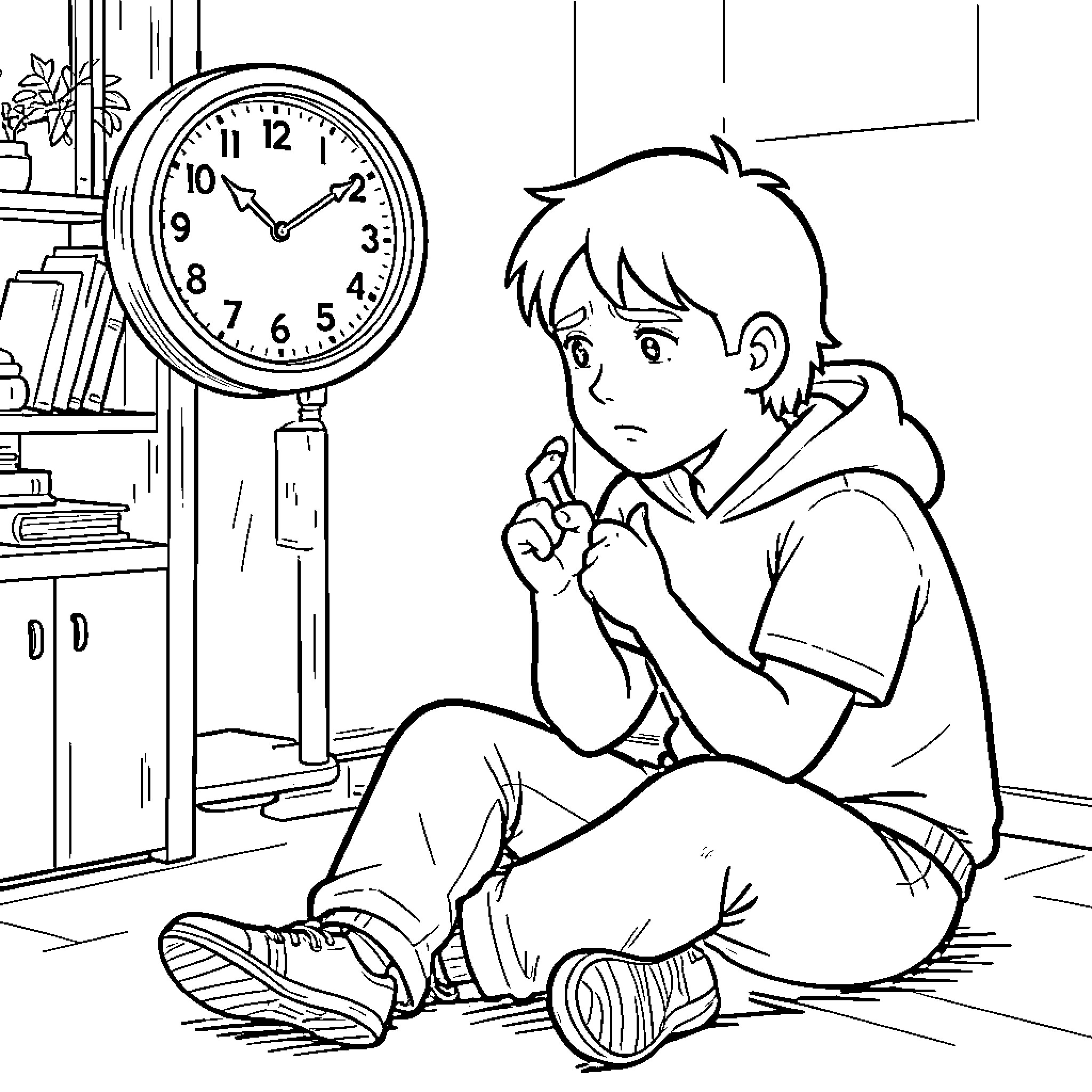 Waiting anxiously while sitting on the floor near a clock Coloring Page (free black-and-white line drawing printable PDF for all, from beginners to advanced learners, including children, teens, adults, and seniors)