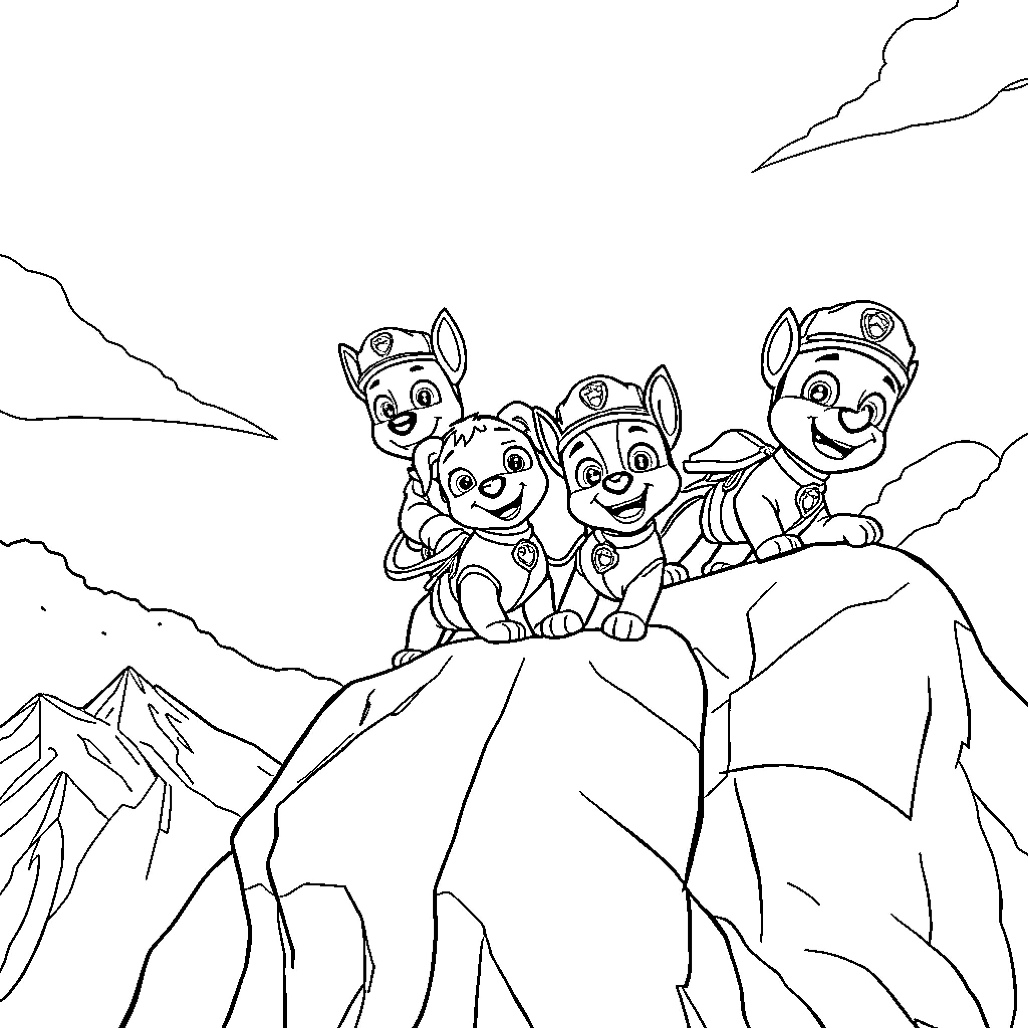 Paw Patrol Pups Explore Mountainous Terrain Coloring Page (free black-and-white line drawing printable PDF for all, from beginners to advanced learners, including children, teens, adults, and seniors)