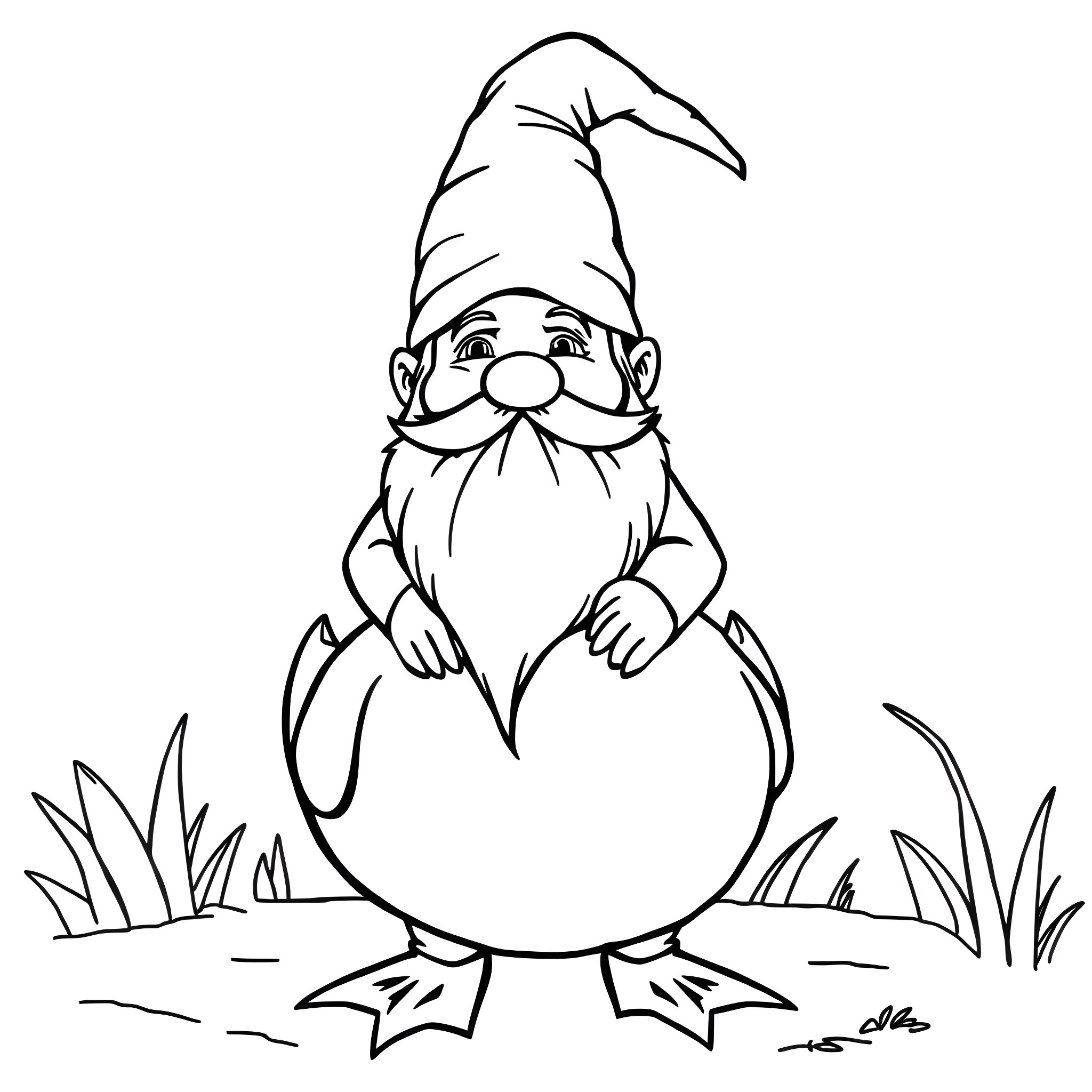Gnome sitting on a large egg in the grass Coloring Page (free black-and-white line drawing printable PDF for all, from beginners to advanced learners, including children, teens, adults, and seniors)