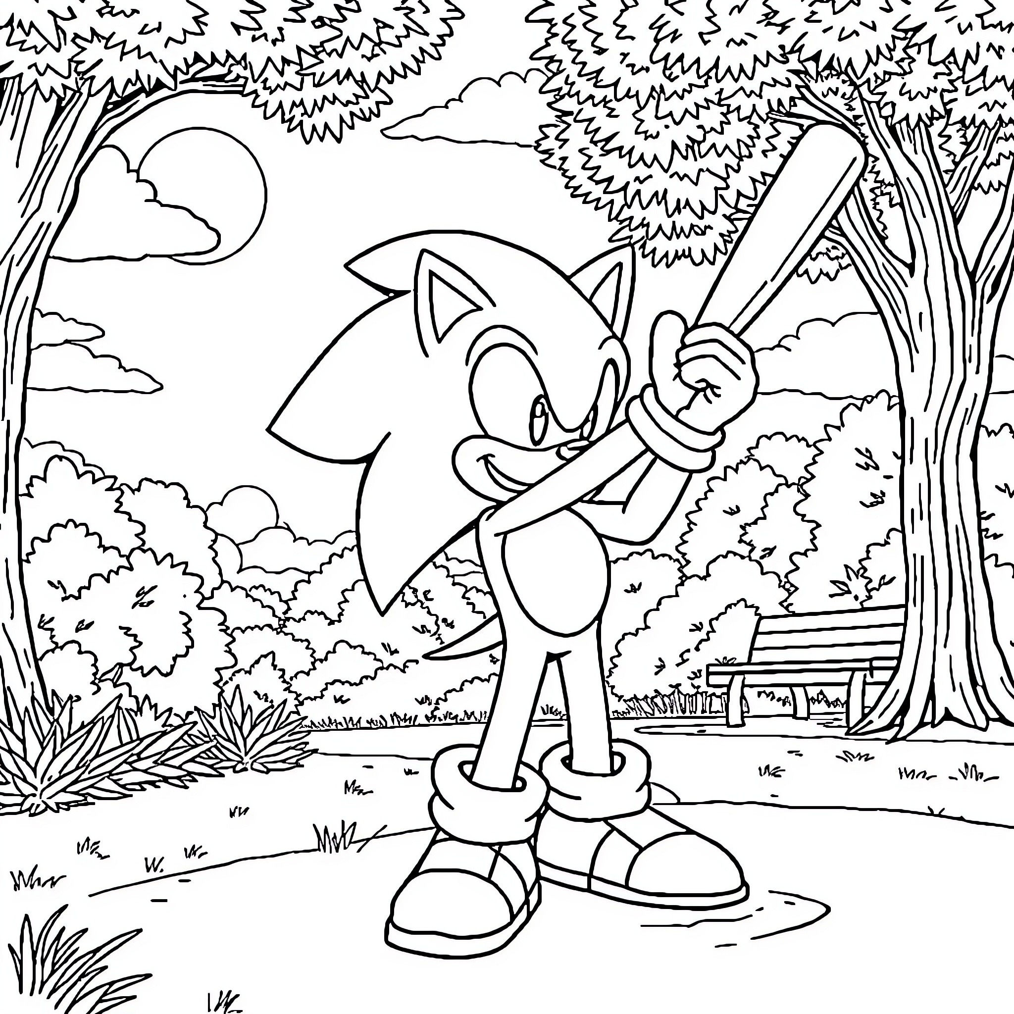 Sonic swinging a baseball bat in the park Coloring Page (free black-and-white line drawing printable PDF for all, from beginners to advanced learners, including children, teens, adults, and seniors)