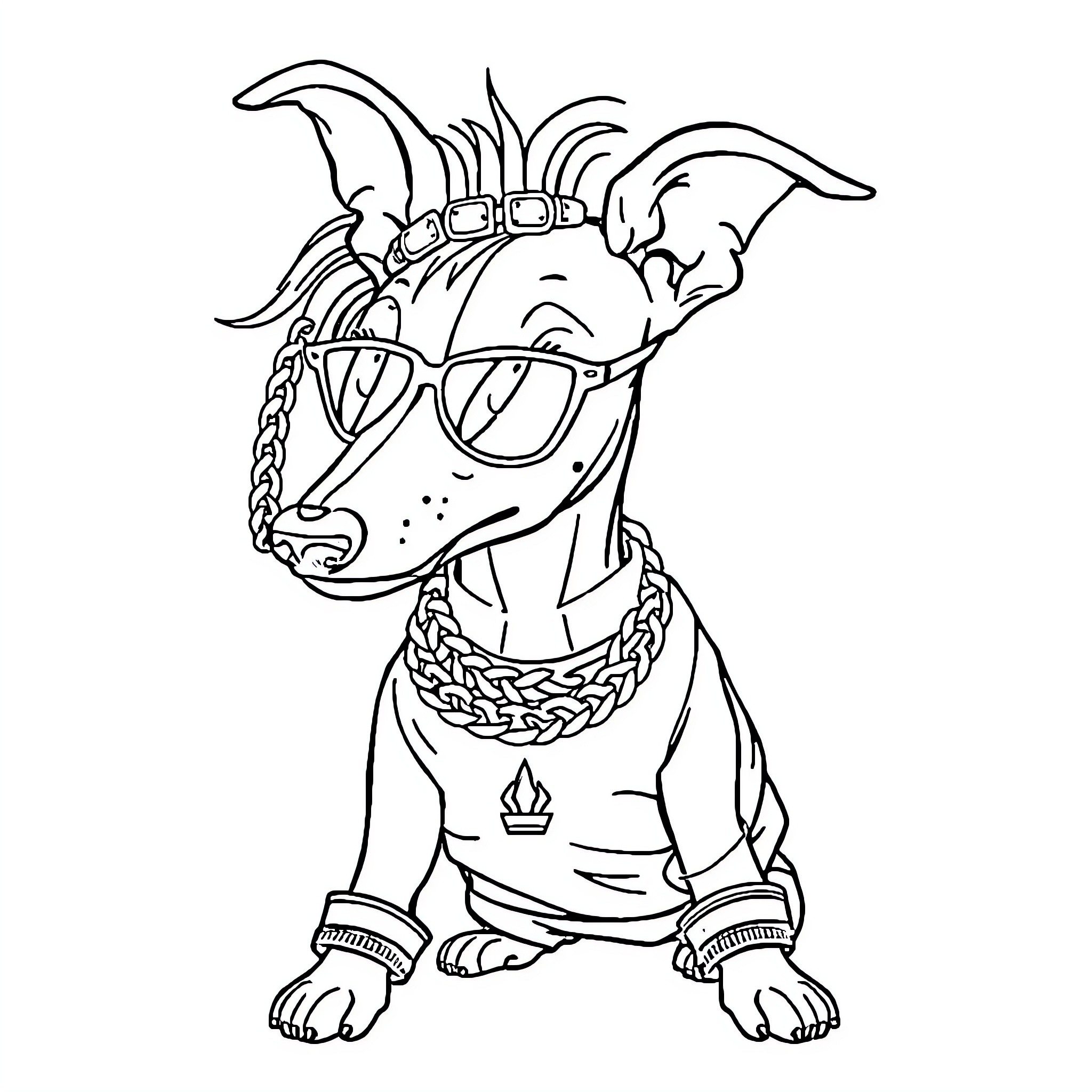 Greyhound wearing stylish accessories Coloring Page (free black-and-white line drawing printable PDF for all, from beginners to advanced learners, including children, teens, adults, and seniors)
