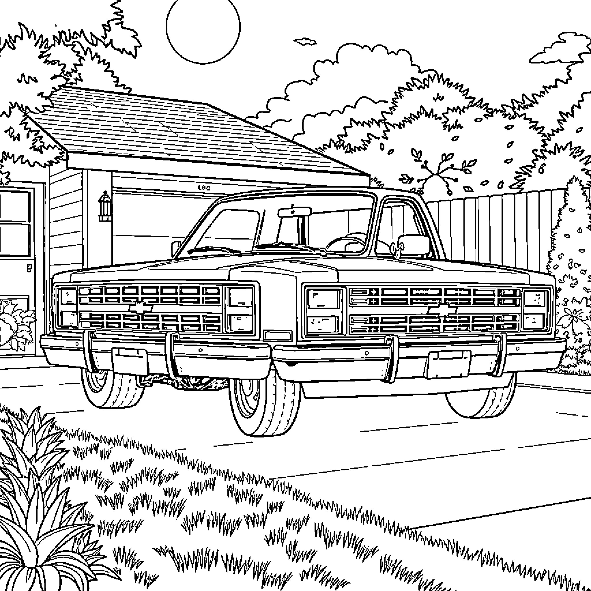 Chevy S10 parked in rural landscape Coloring Page (free black-and-white line drawing printable PDF for all, from beginners to advanced learners, including children, teens, adults, and seniors)