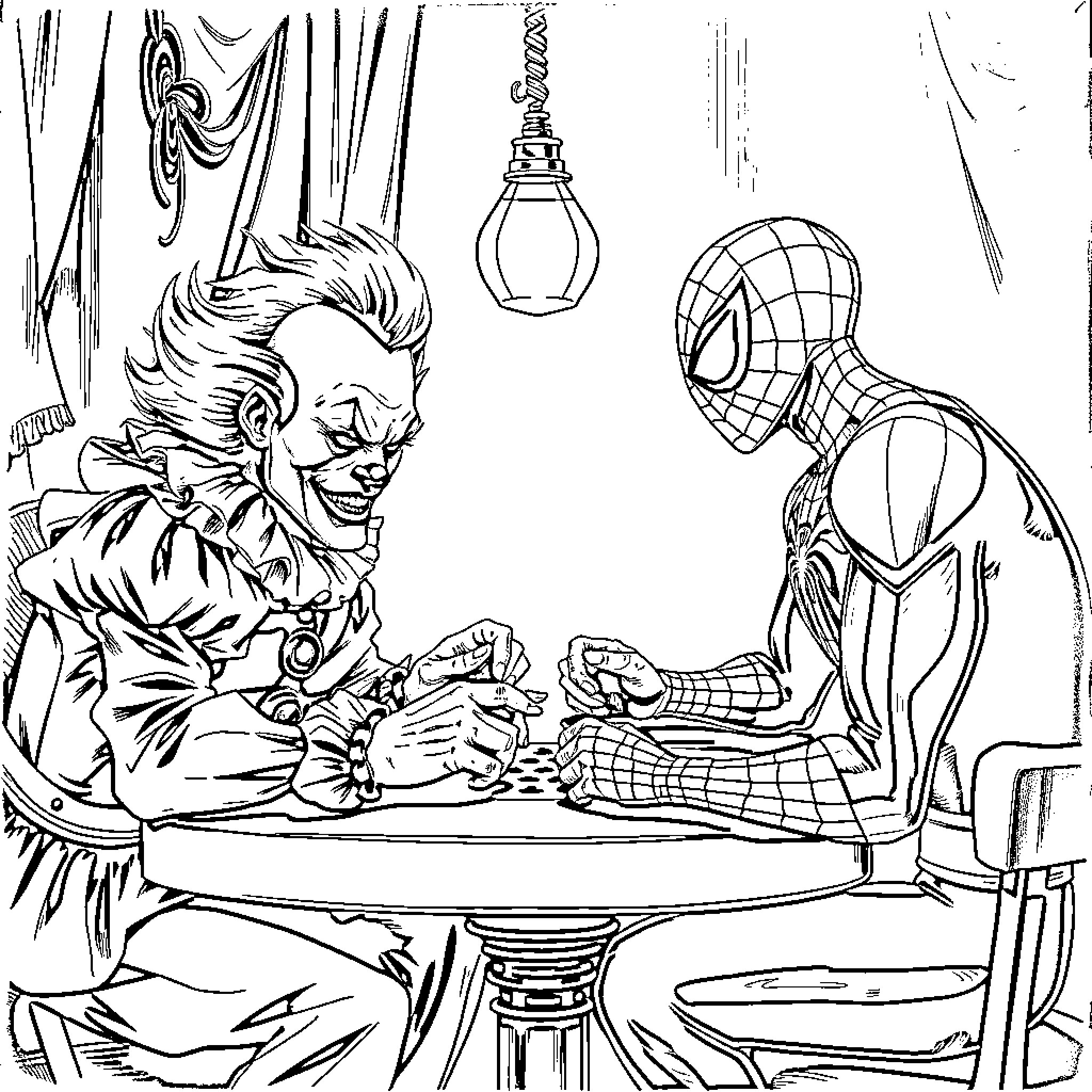 Pennywise and Spider-Man in a tense confrontation Coloring Page (free black-and-white line drawing printable PDF for all, from beginners to advanced learners, including children, teens, adults, and seniors)